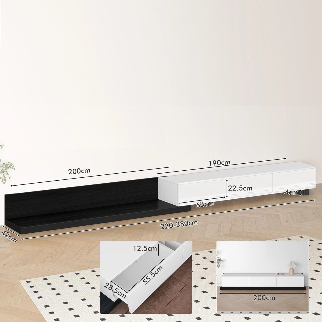 7 Alfordson 200-380cm Extendable Entertainment Unit TV Cabinet Stand Storage Shelf - Black White, 7 of 10