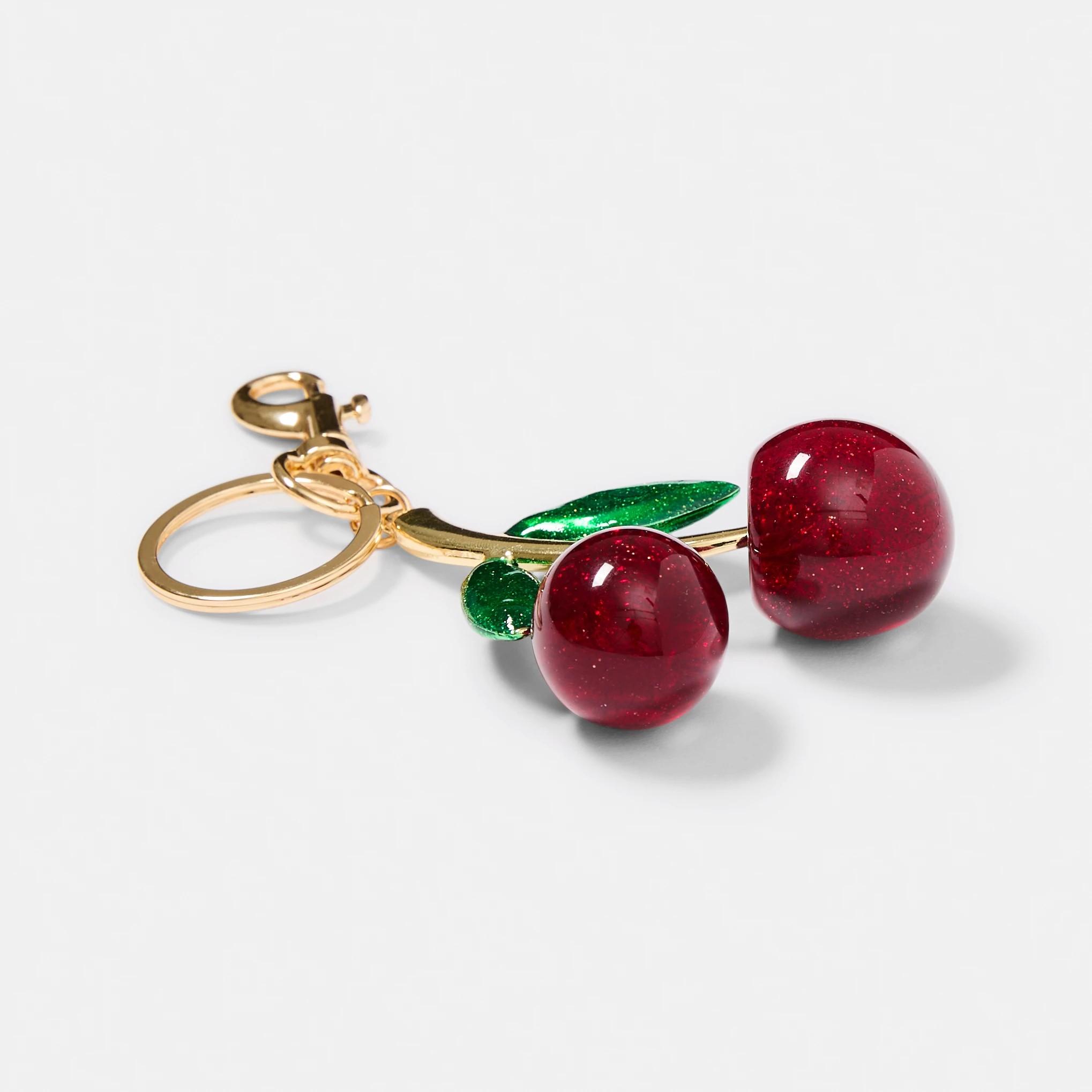 2 3D Large Cherry Charm Keyring - Gold Tone, Red and Green, 2 of 3