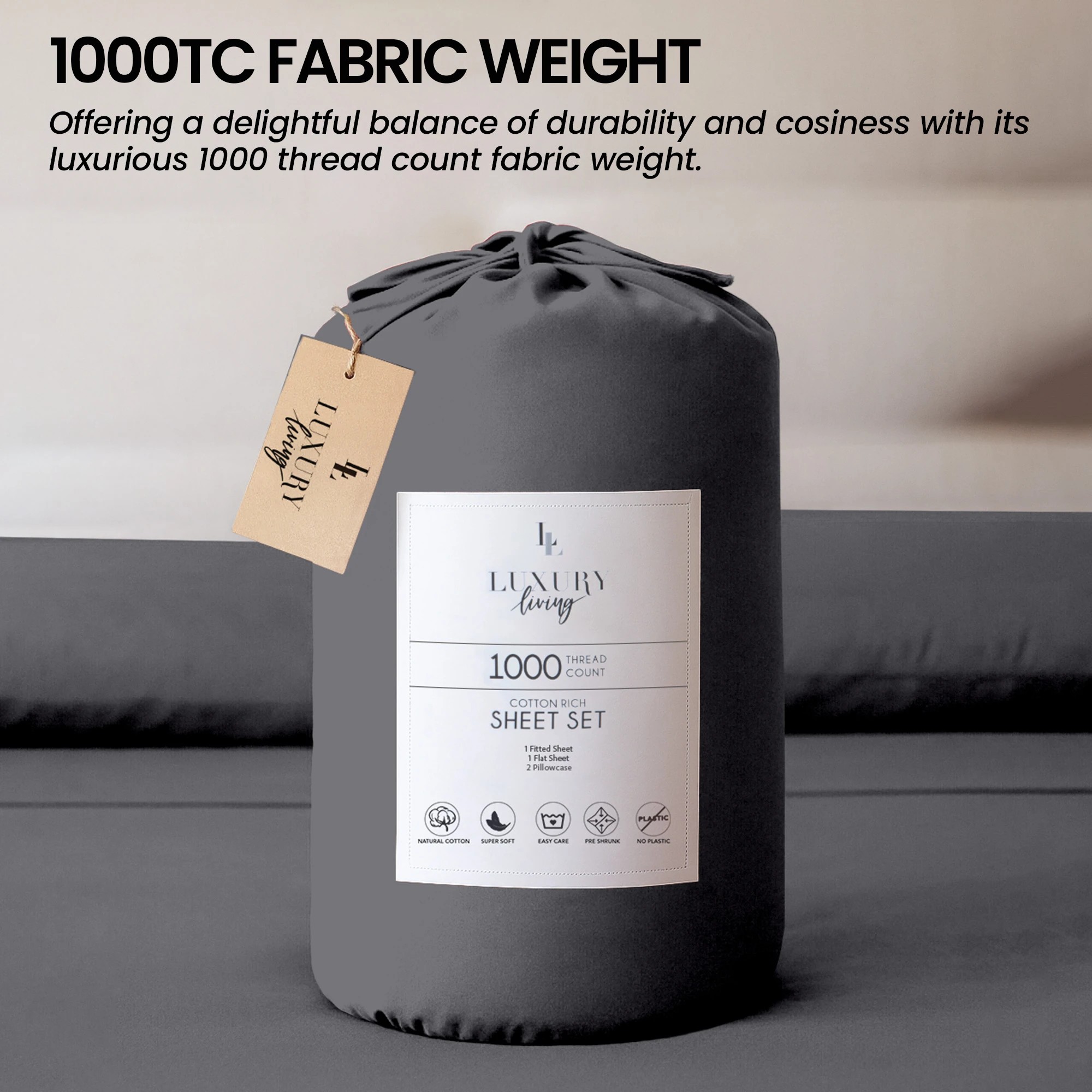 6 4pc 1000 Thread Count Cotton Rich Sheet Gift Pack Cvc Microfibre Blend In Charcoal
 - King Bed, 6 of 10