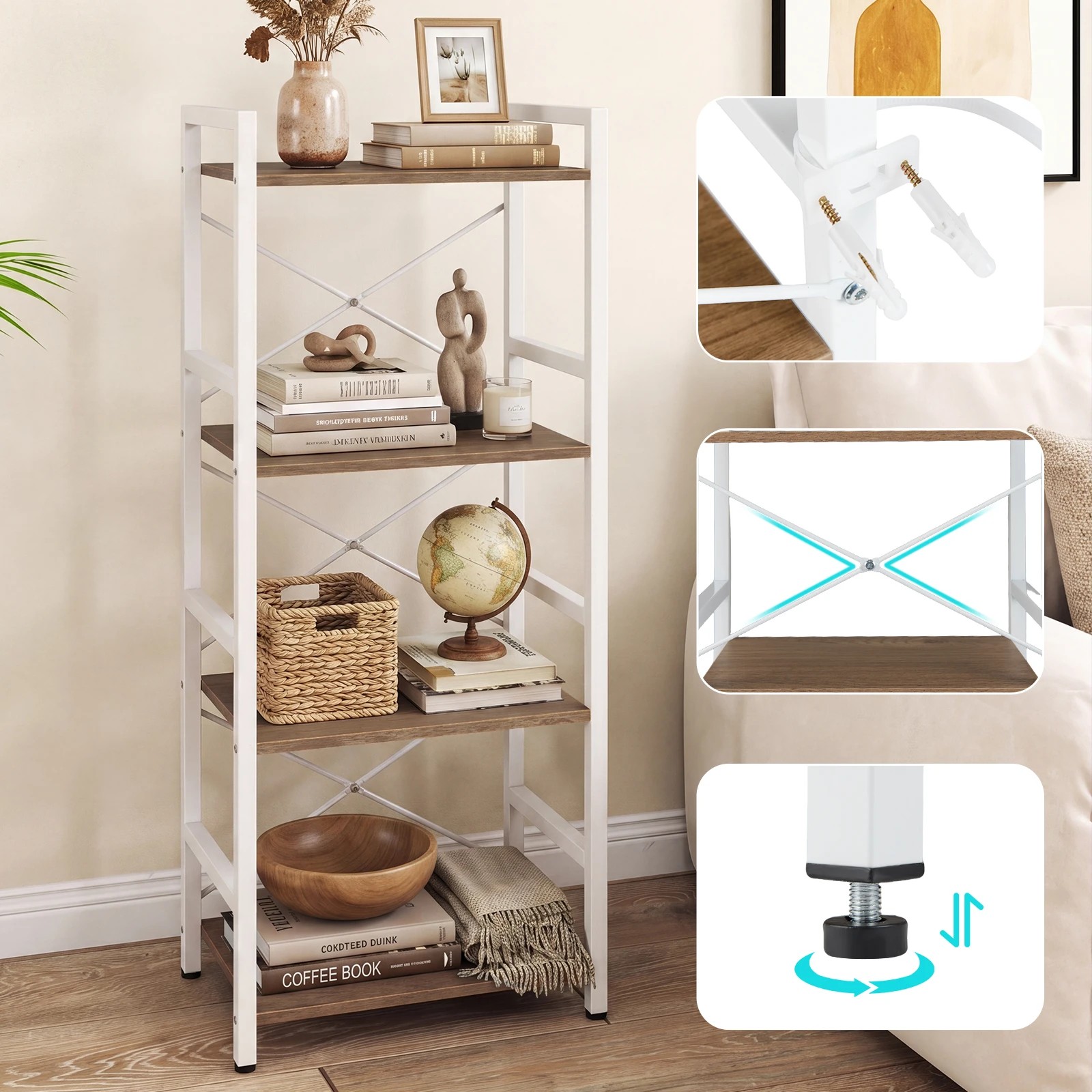 5 Costway 4-Tier Bookshelf Bookcase Metal Display Rack Open Shelves - Natural, 5 of 7