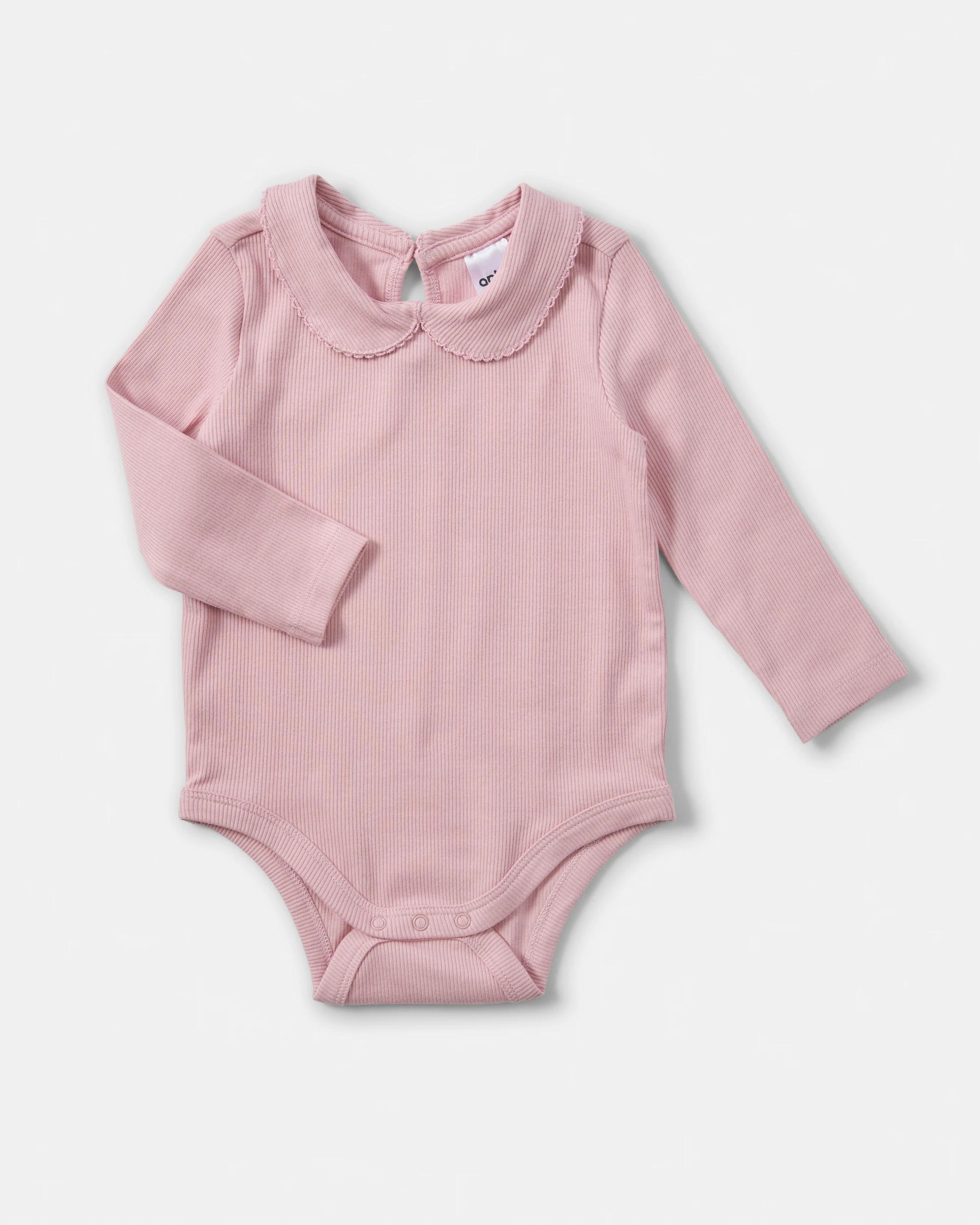 1 Cotton Long Sleeve Rib Collar Bodysuit Almd Pnk, 1 of 3