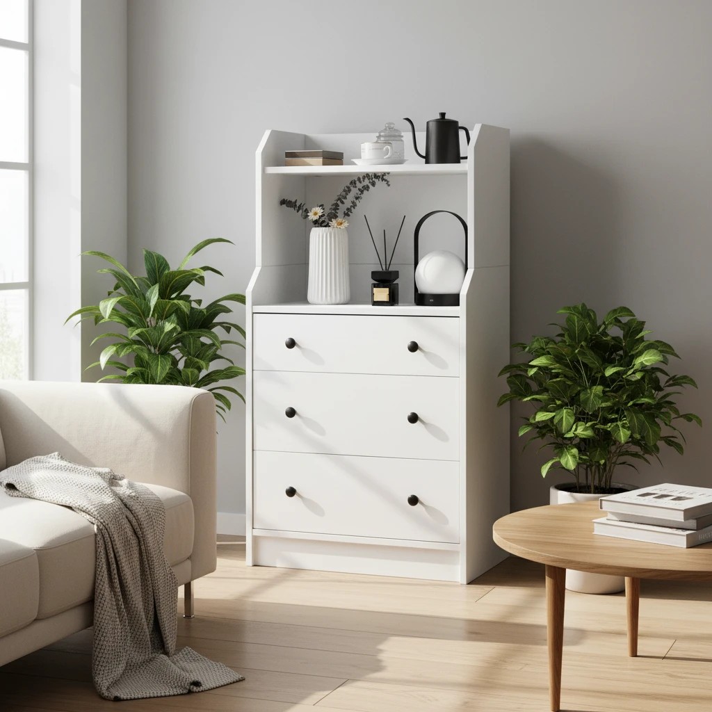 3 Costway 111cm Chest of Drawers H Shape Storage Organizer Utility Storage Cabinet w/2 Open Shelves - White, 3 of 6