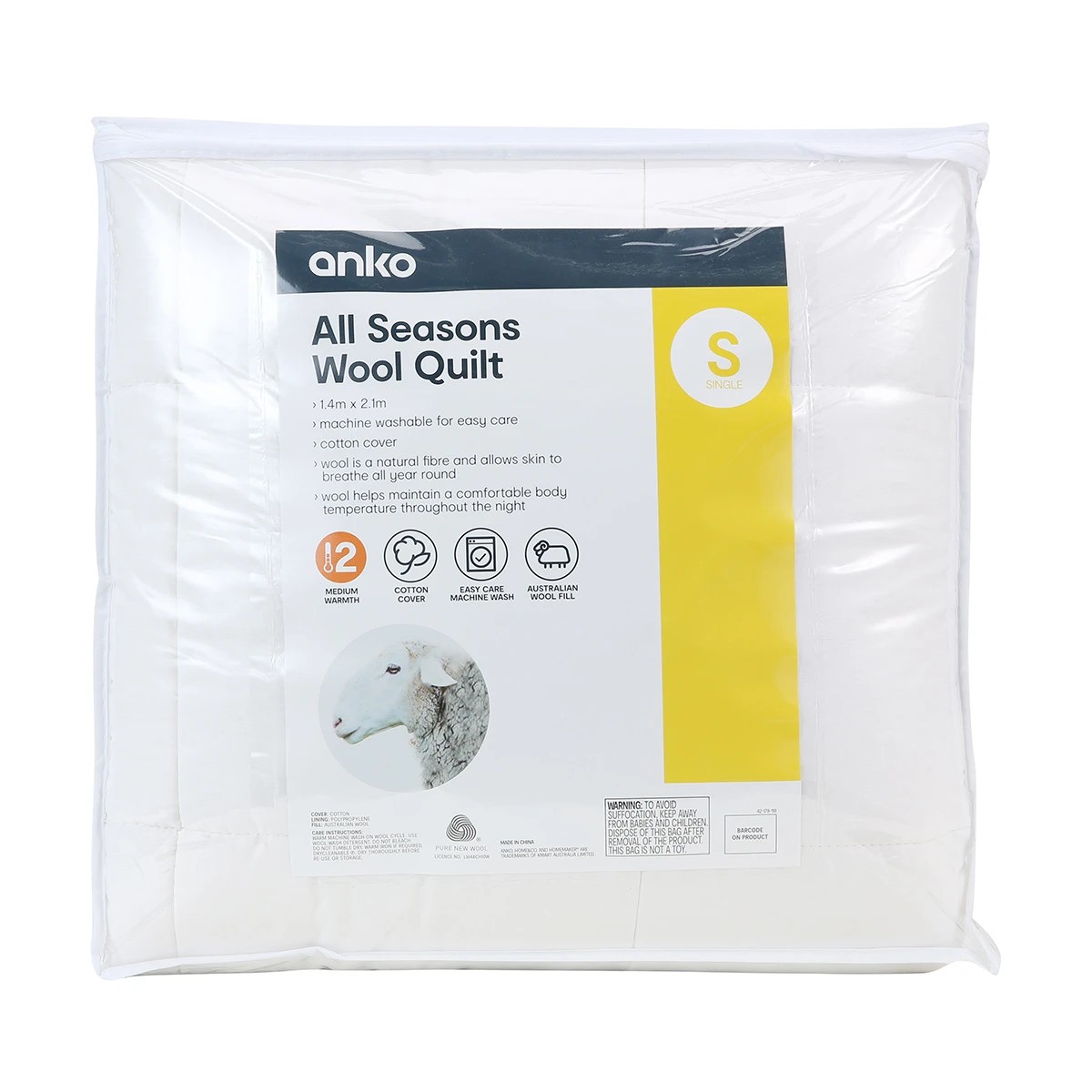 1 Medium Warmth All Seasons Wool Quilt - Single Bed, White, 1 of 3