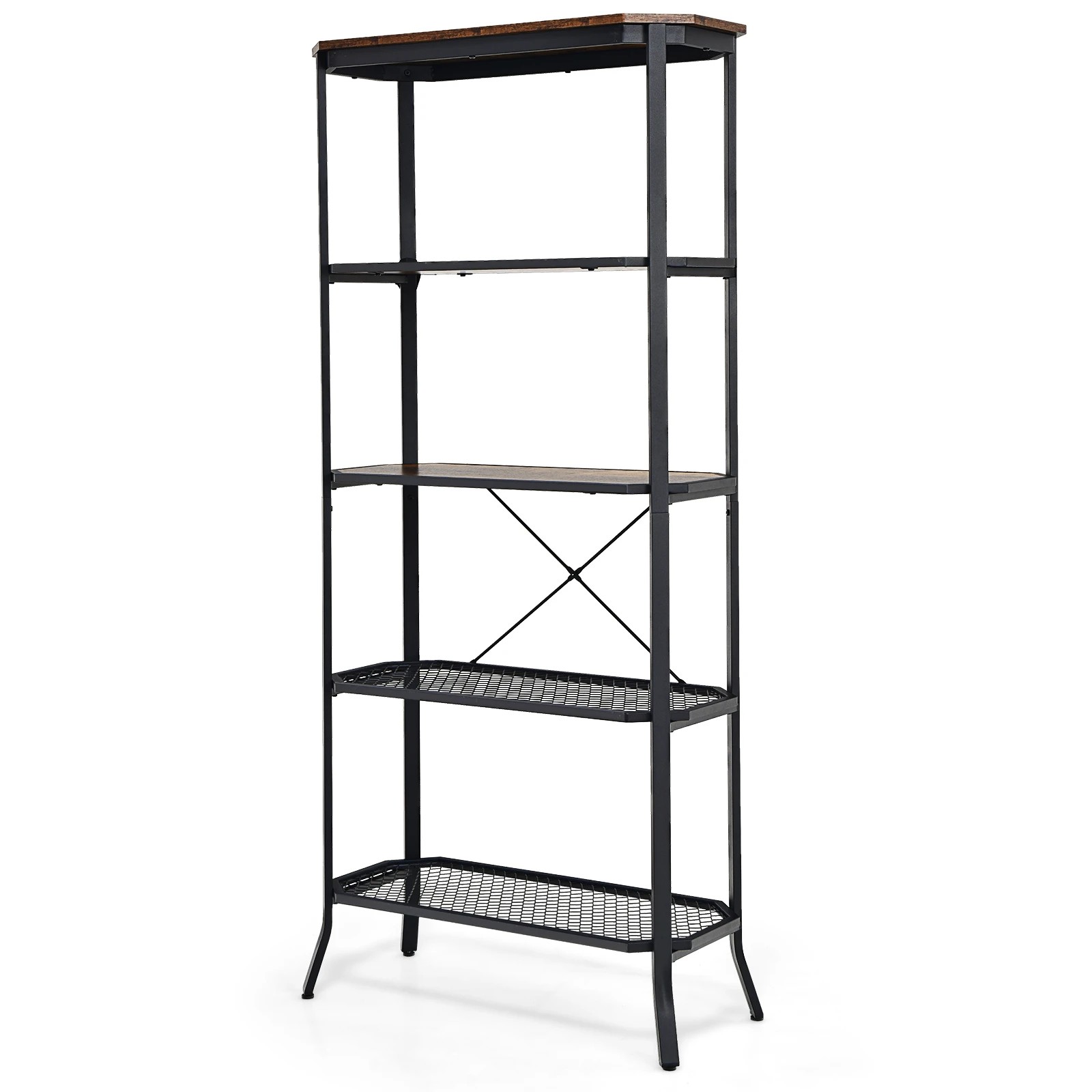 1 Costway 5-Tier Kitchen Storage Rack Steel Frame Organizer Shelf Wood Display Cabinet - Brown, 1 of 5