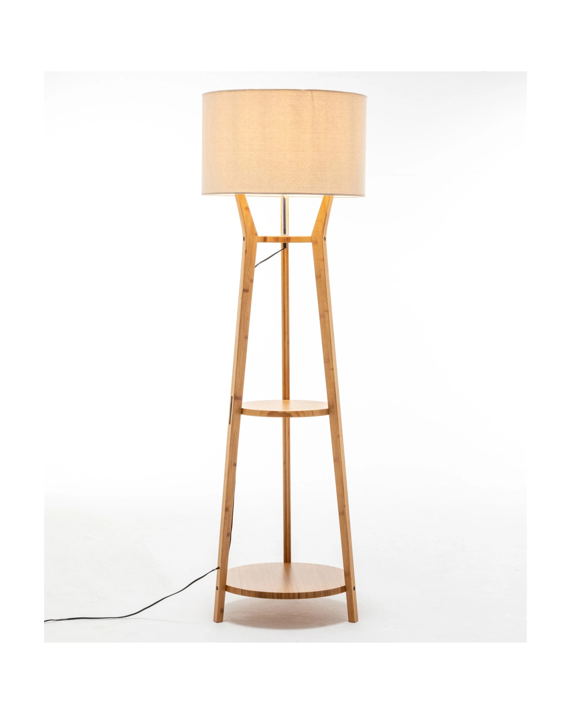 3 BR Home Bamboo Wooden Tripod Floor Lamp with Linen Shade and Shelves, 3 of 7