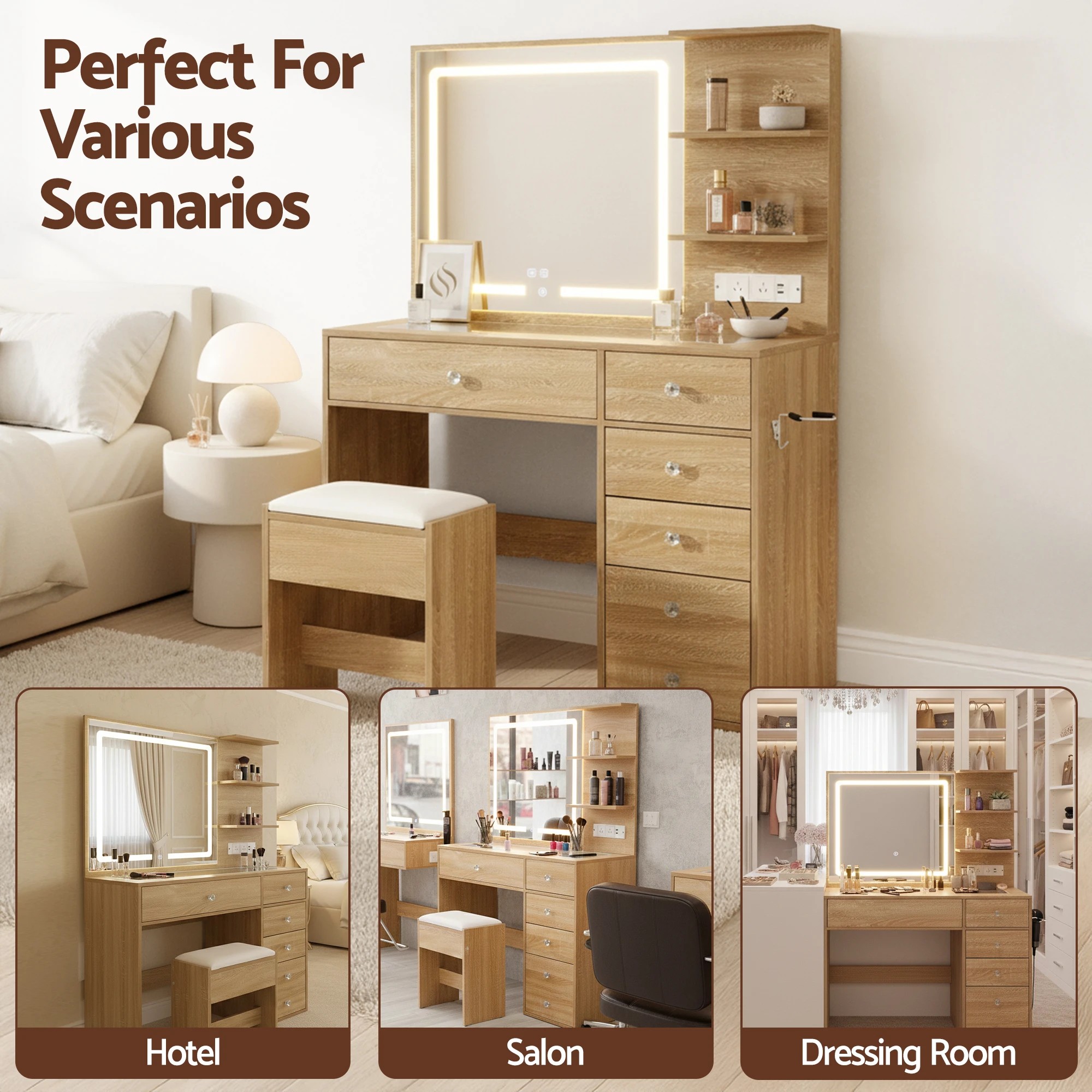 9 Artiss Dressing Table LED Vanity Desk Set Stool  Wood - Natural, 9 of 9