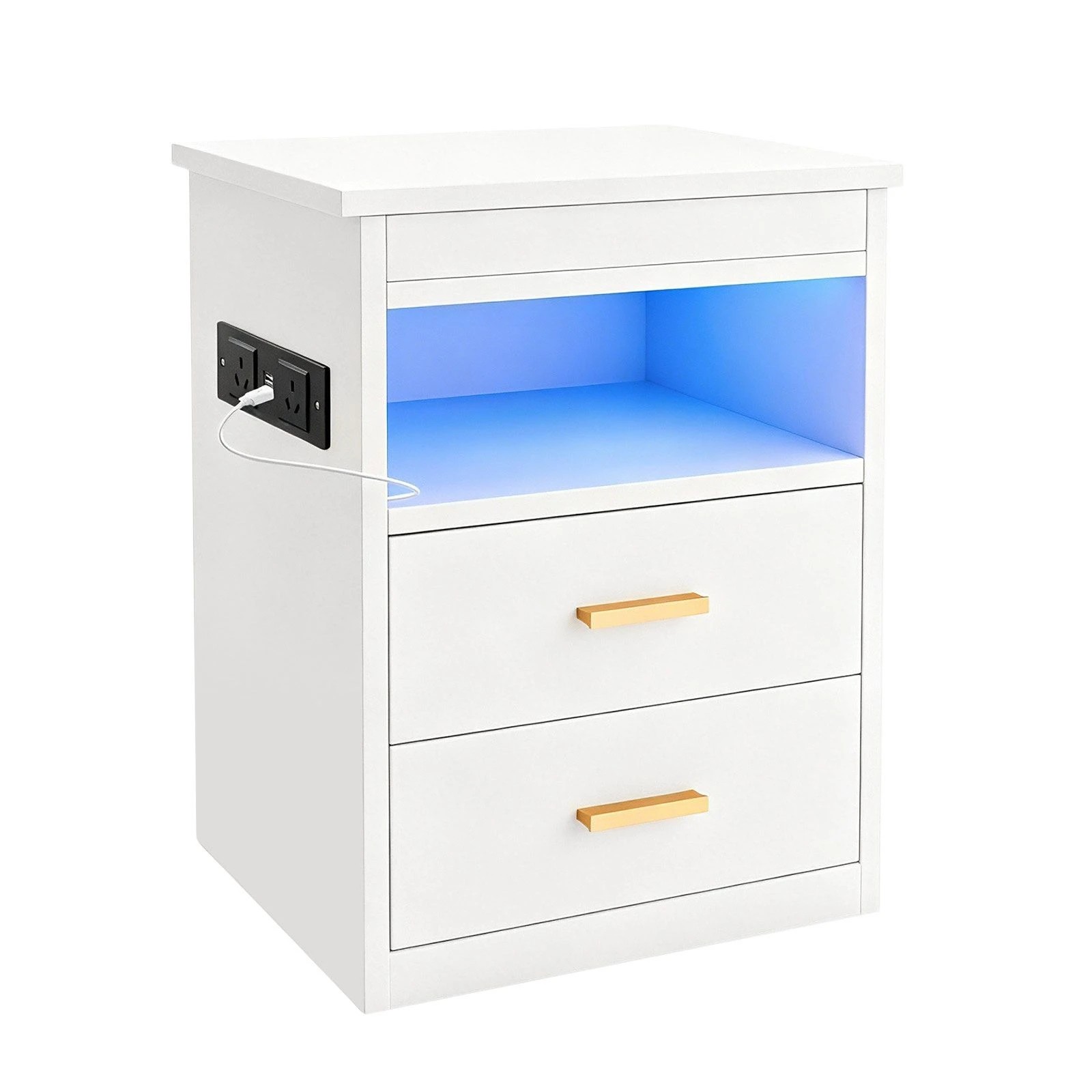 3 LUXSUITE LED Bedside Table Nightstand with USB Charging Station, 3 Drawers (1 Lockable) & Open Shelf, 3 of 6