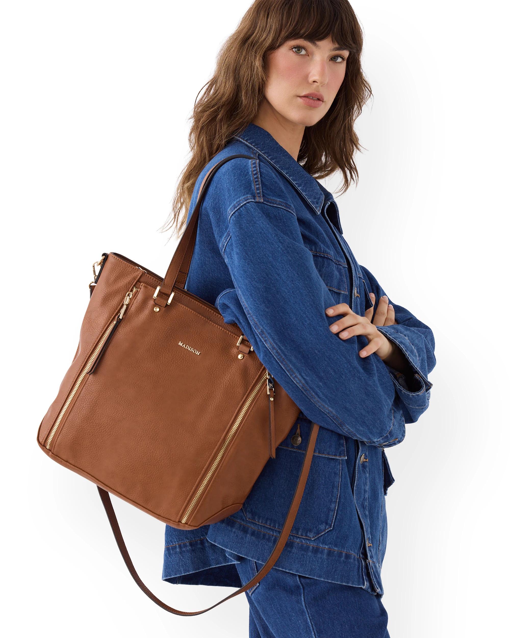 2 Madison Accessories Amelia Large Zip Detail Tote DK TAN LT GOLD, 2 of 8