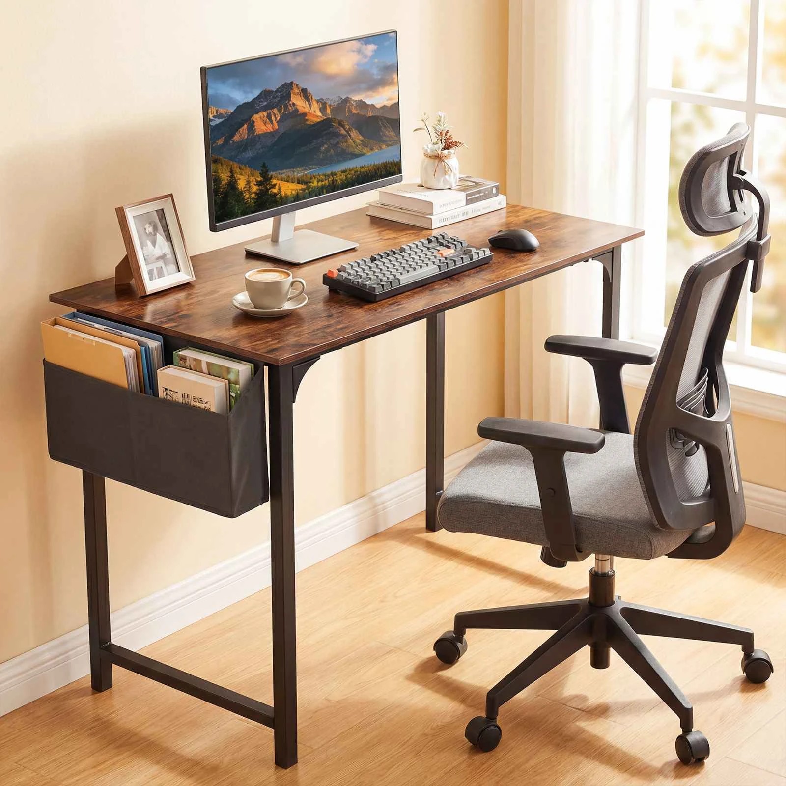 3 Costway Computer Desk Study Writing Table w/Storage Bag & Hanging Hook - Brown, 3 of 3