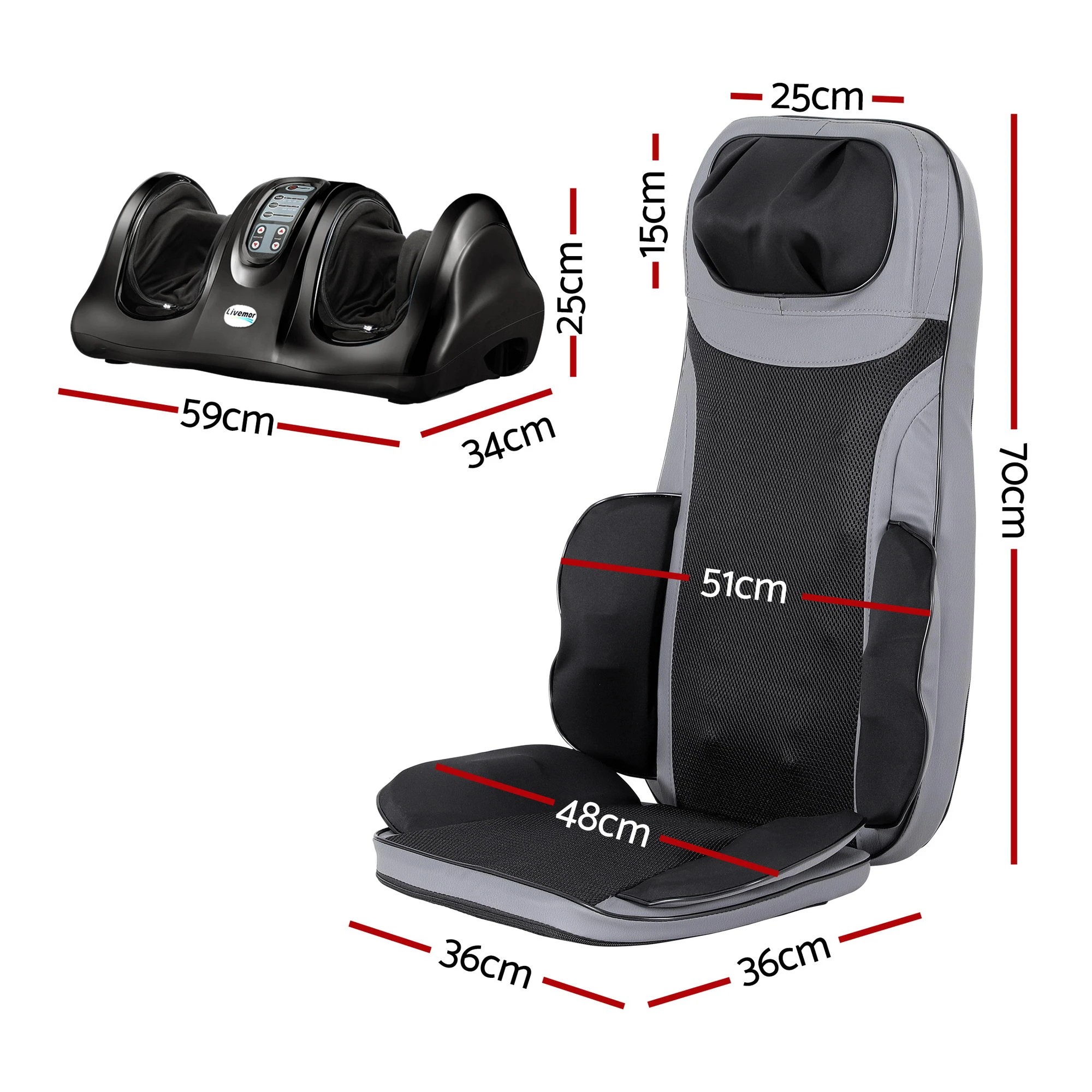 2 Livemor 8-nodes Full Back Massage Seat Cushion Heating With Foot Massagers - Black, 2 of 3