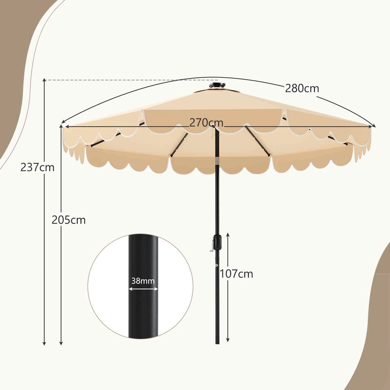 2 Costway 2.8M Solar Patio Umbrella w/24 LED Lights Tilt Adjust Outdoor Sunshade - Beige, 2 of 3
