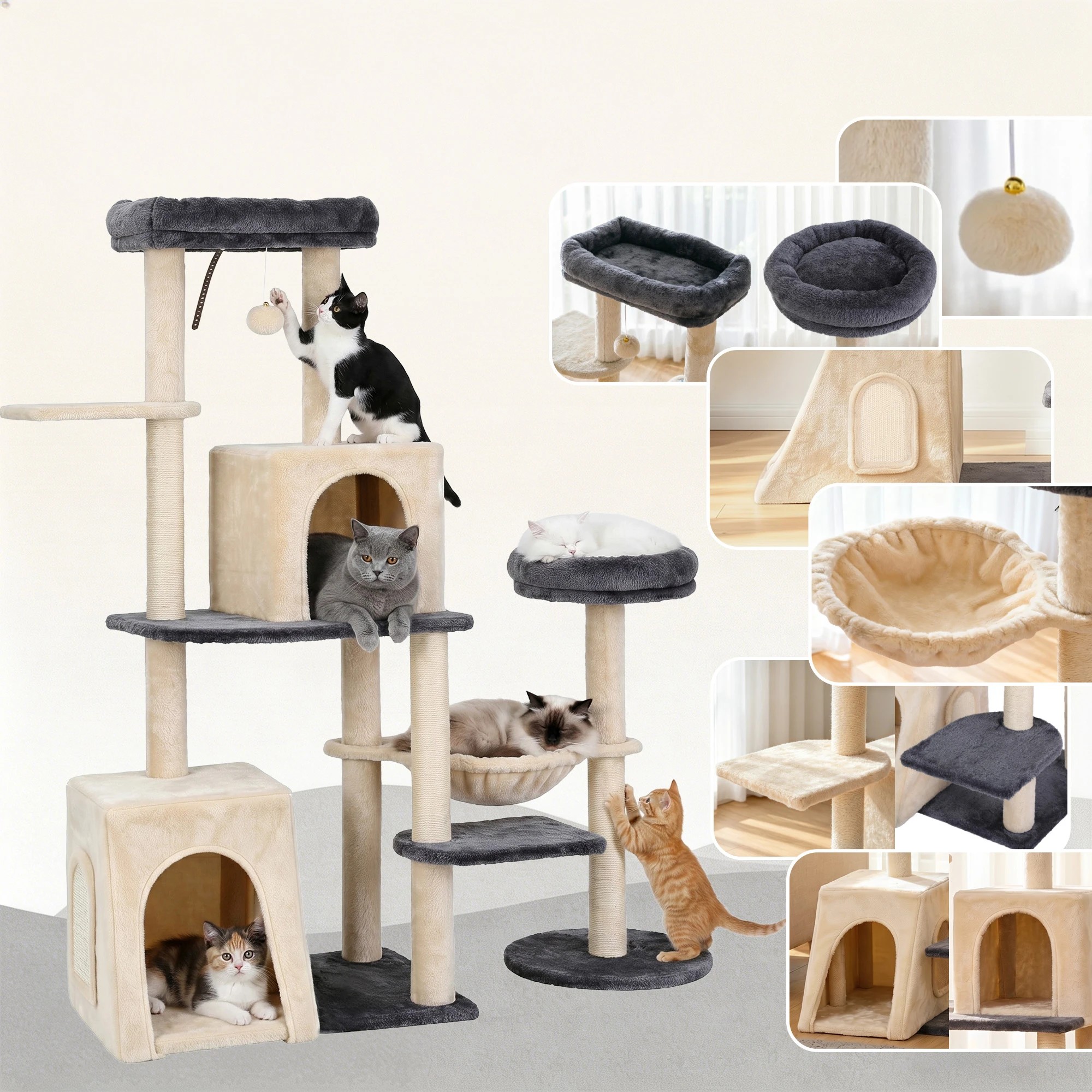 6 i.Pet Cat Tree Tower 133cm Rotatable L-Shape Design Scratching Post Furniture House - Multi, 6 of 10