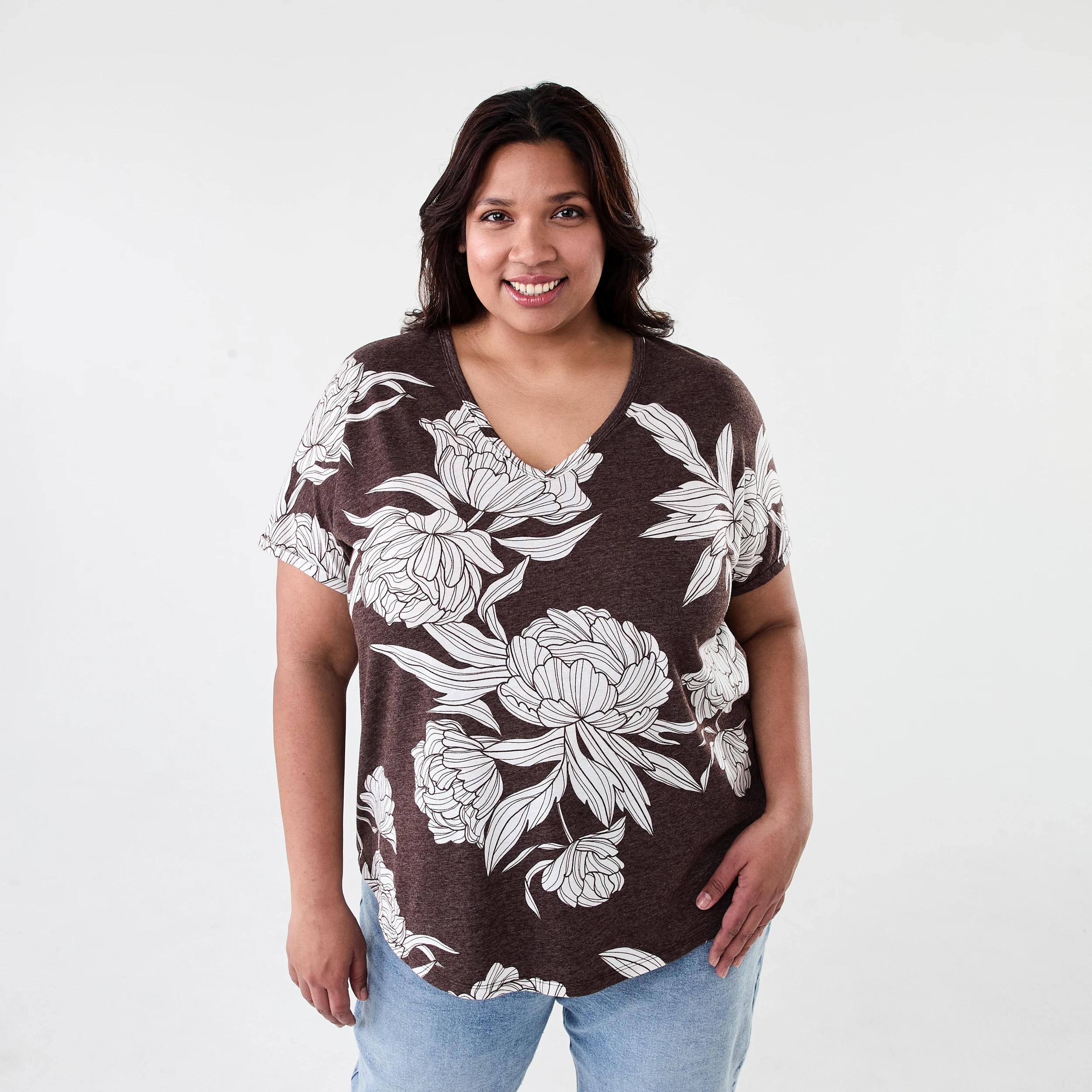 1 Curve Short Sleeve Print V-neck T-shirt Choc Flrl, 1 of 6