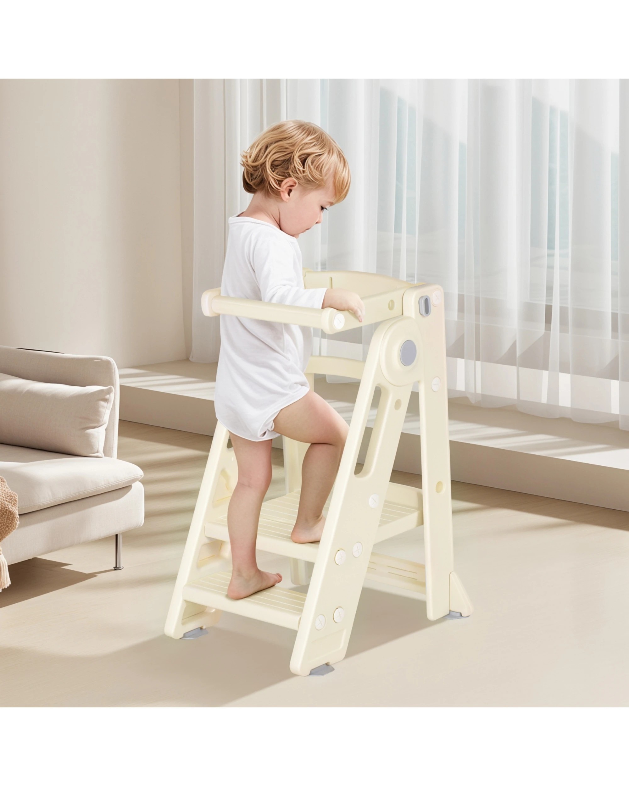 4 Advwin Foldable Kids Step Stool Adjustable Standing Tower Kitchen Helper with Safety Rail, 4 of 10