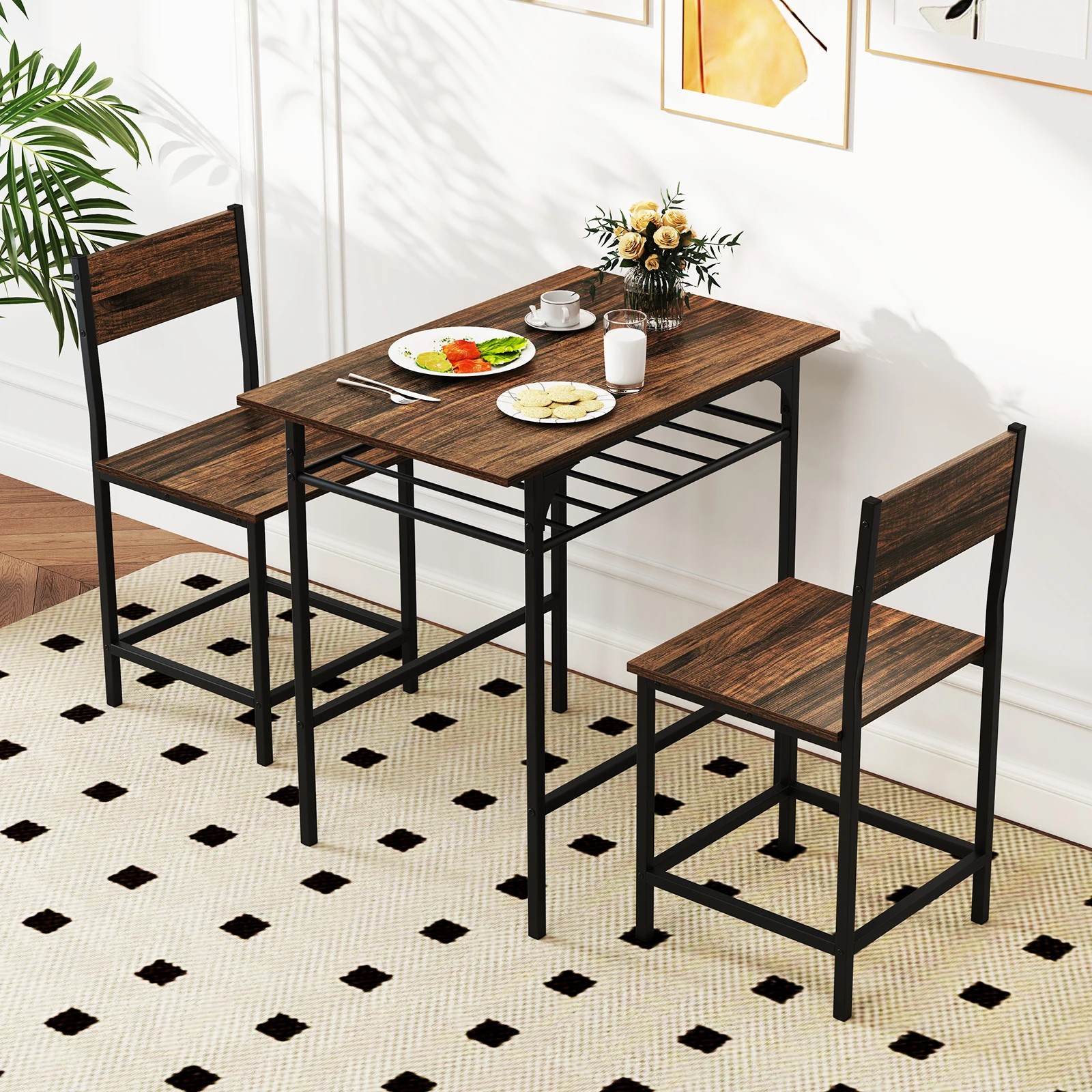 3 Costway 3PCS Kitchen Rectangular Dining Table Chair Set w/Metal Frame & Storage Rack - Brown, 3 of 4
