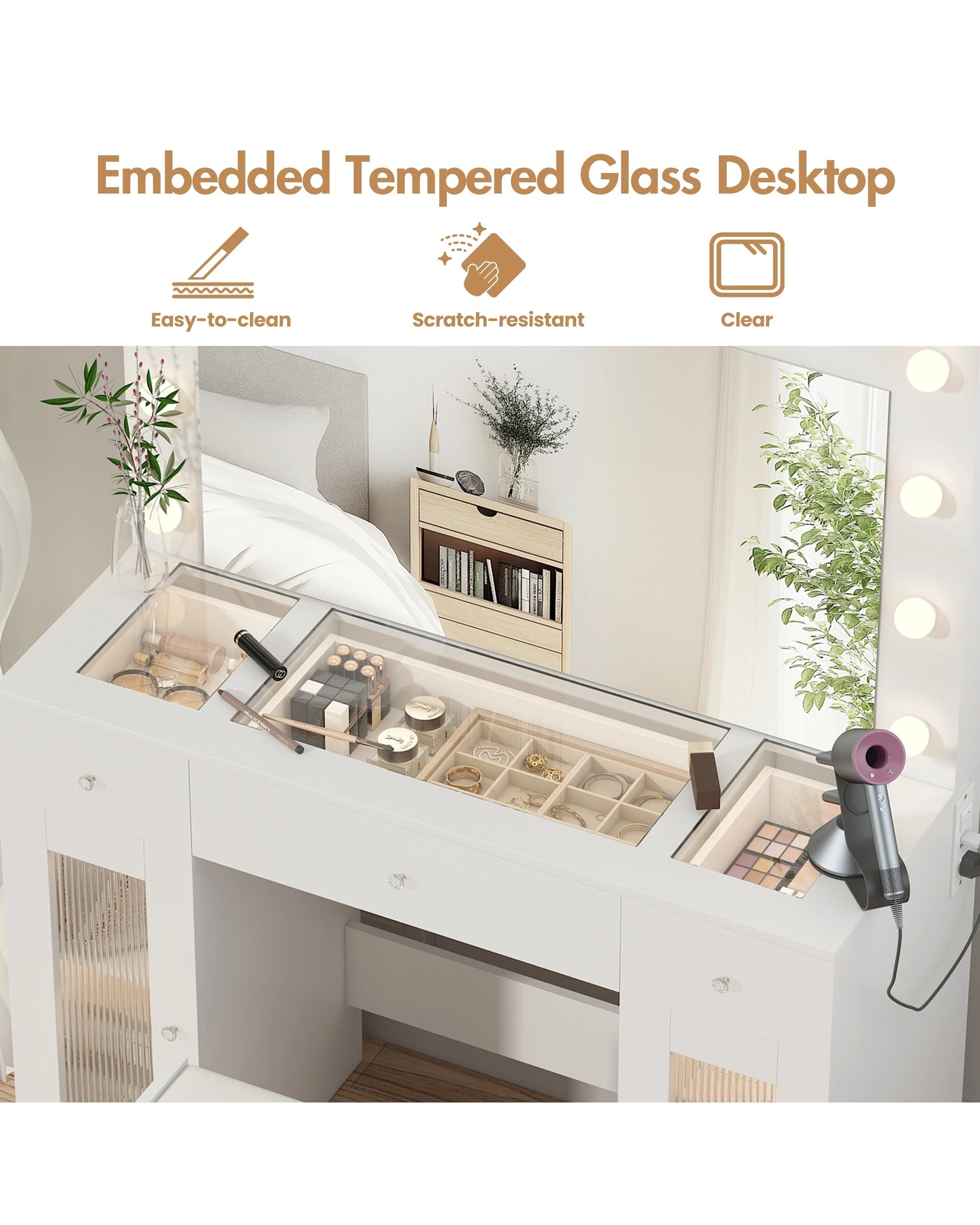 8 Advwin Dressing Table Set with Mirror Glass Top Power Outlet, 8 of 10