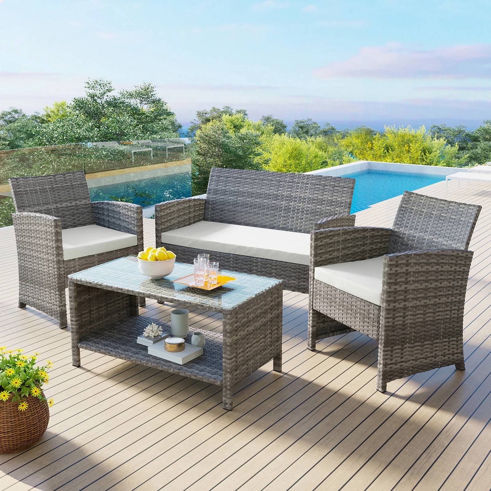 10 Alfordson Outdoor Furniture 4PCS Garden Patio Chairs Table Set Wicker - Grey, 10 of 10