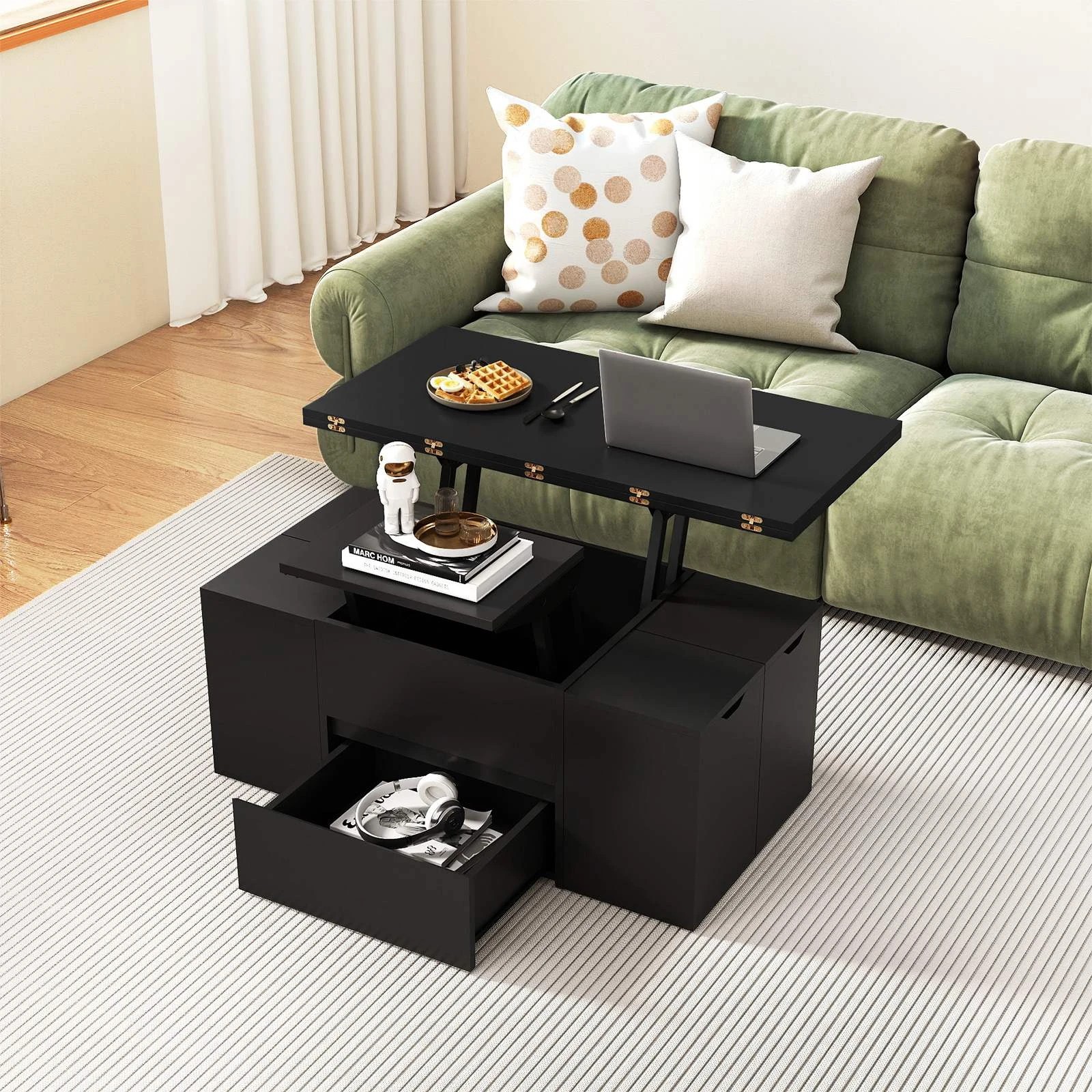 2 Costway Lift Top Coffee Table w/4 Storage Stool 3-in-1 Expandable Center Table, 2 of 4