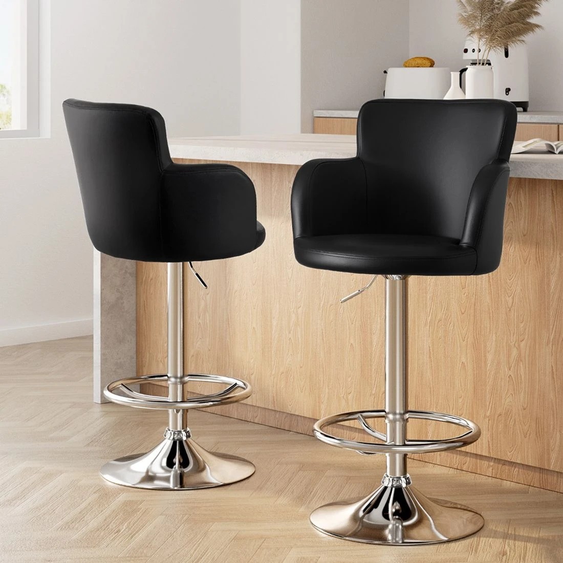 3 Artiss 2x Leather Bar Stools Swivel Adjustable Gas Lift PU Counter Chairs - Black, 3 of 6