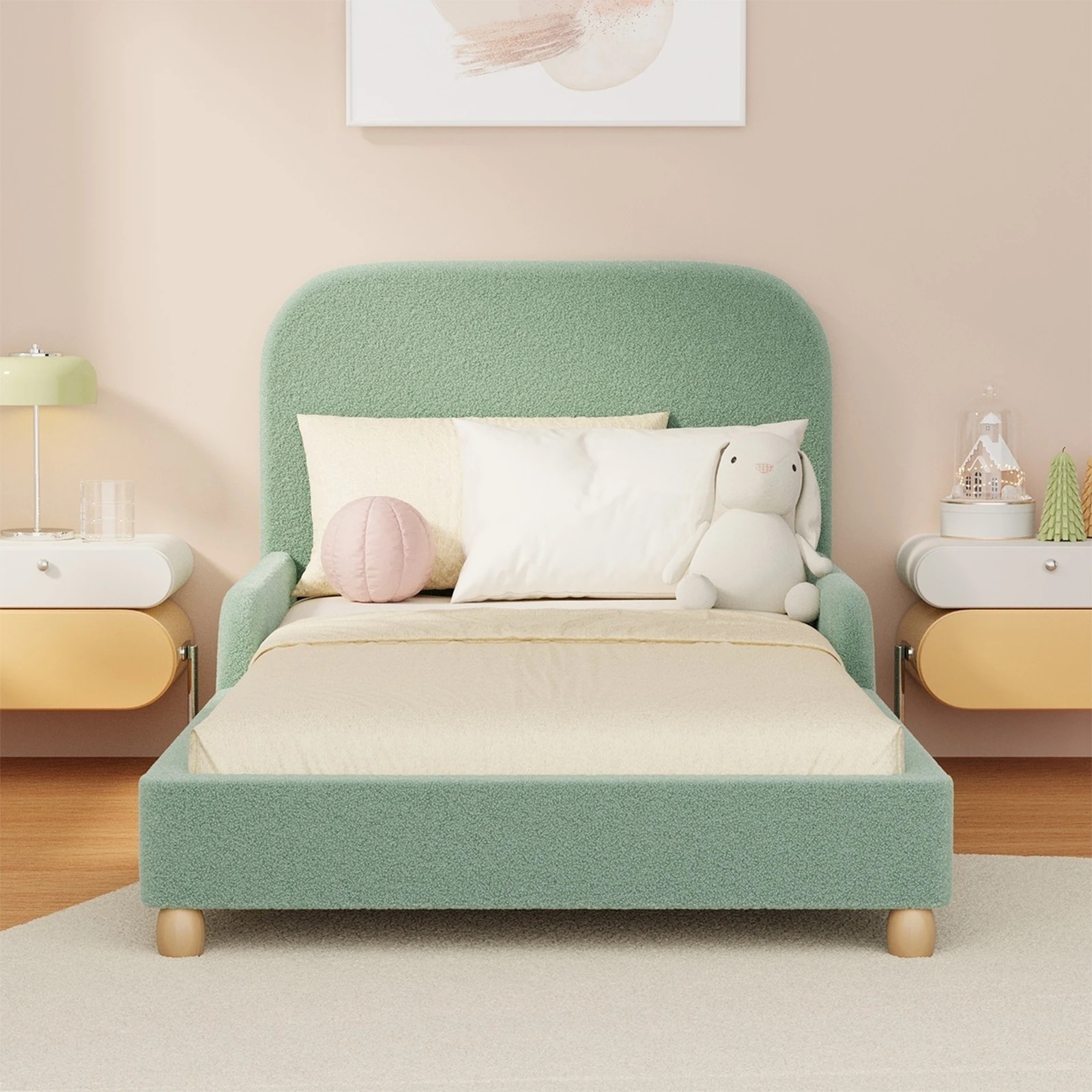 4 Oikiture Kids Bed Frame Single Size Base with Side Guard Rails Boucle - Green, 4 of 7