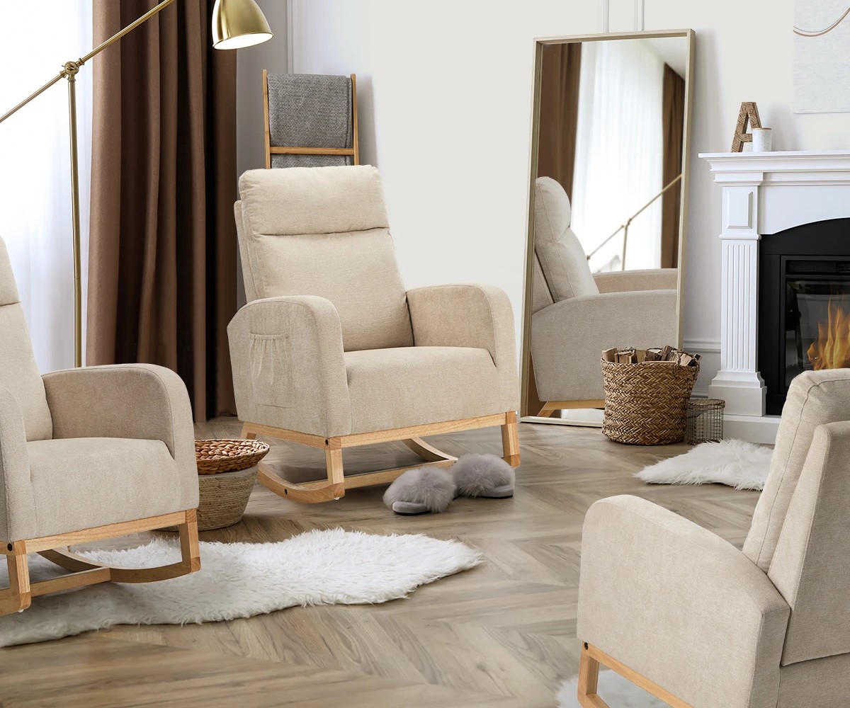 6 Oikiture 2x Rocking Armchair Linen Fabric Lounge Chair Accent Chair - Beige, 6 of 10