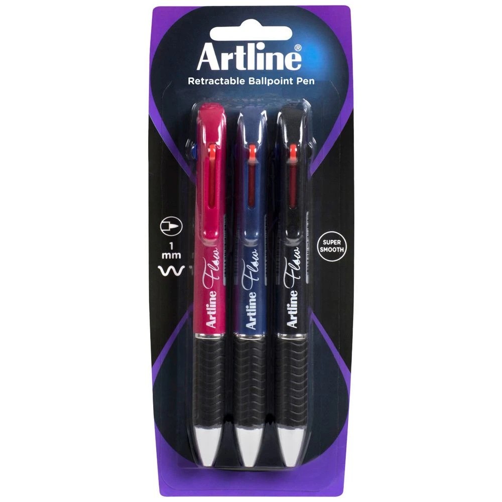 1 Artline Flow Retractable Ballpoint Pens 4 Colours 3 Pack, 1 of 2