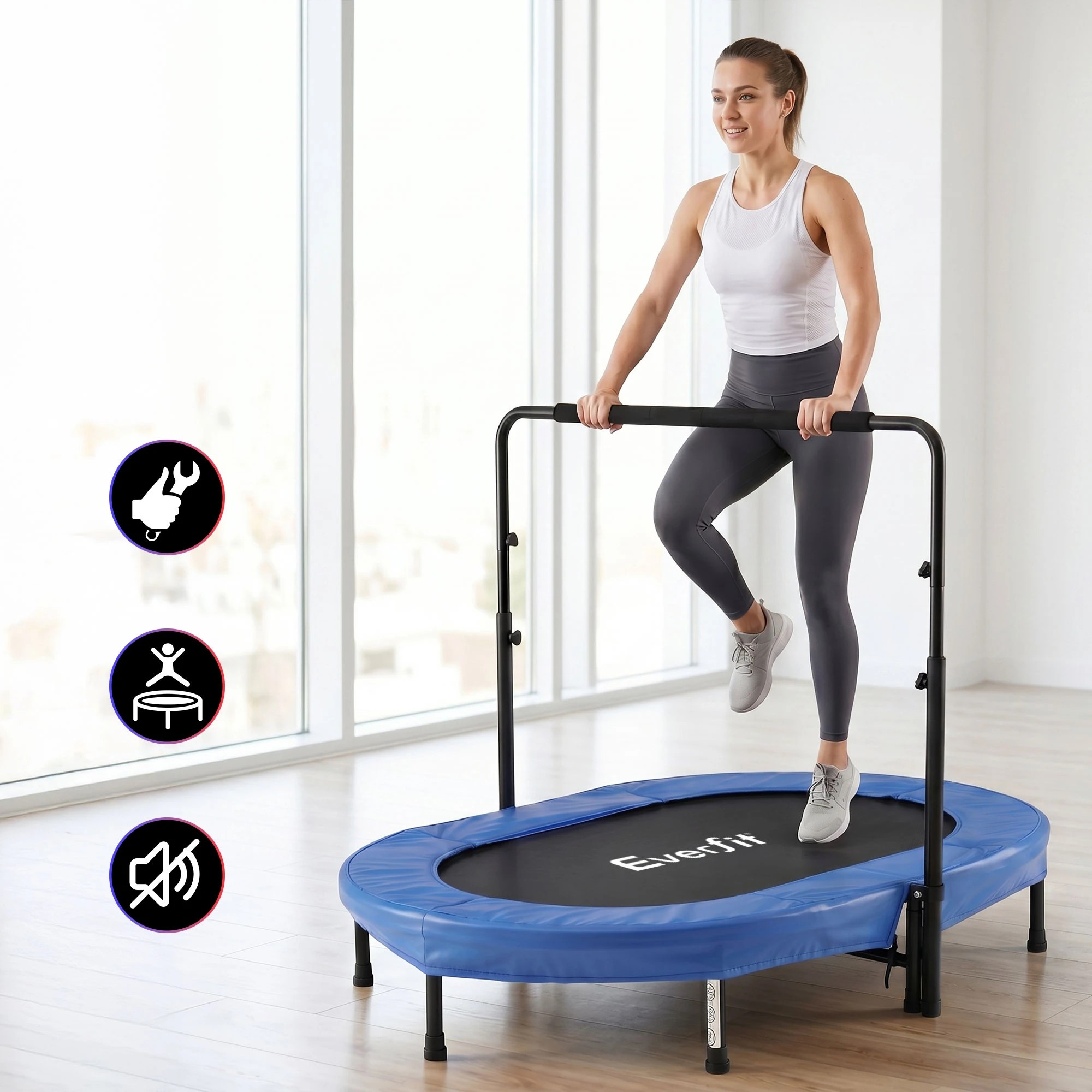 5 Everfit 56-Inch Foldable Fitness Trampoline Indoor Rebounder Double Mini Trampoline Adjustable Handrail 150KG - Blue, 5 of 7