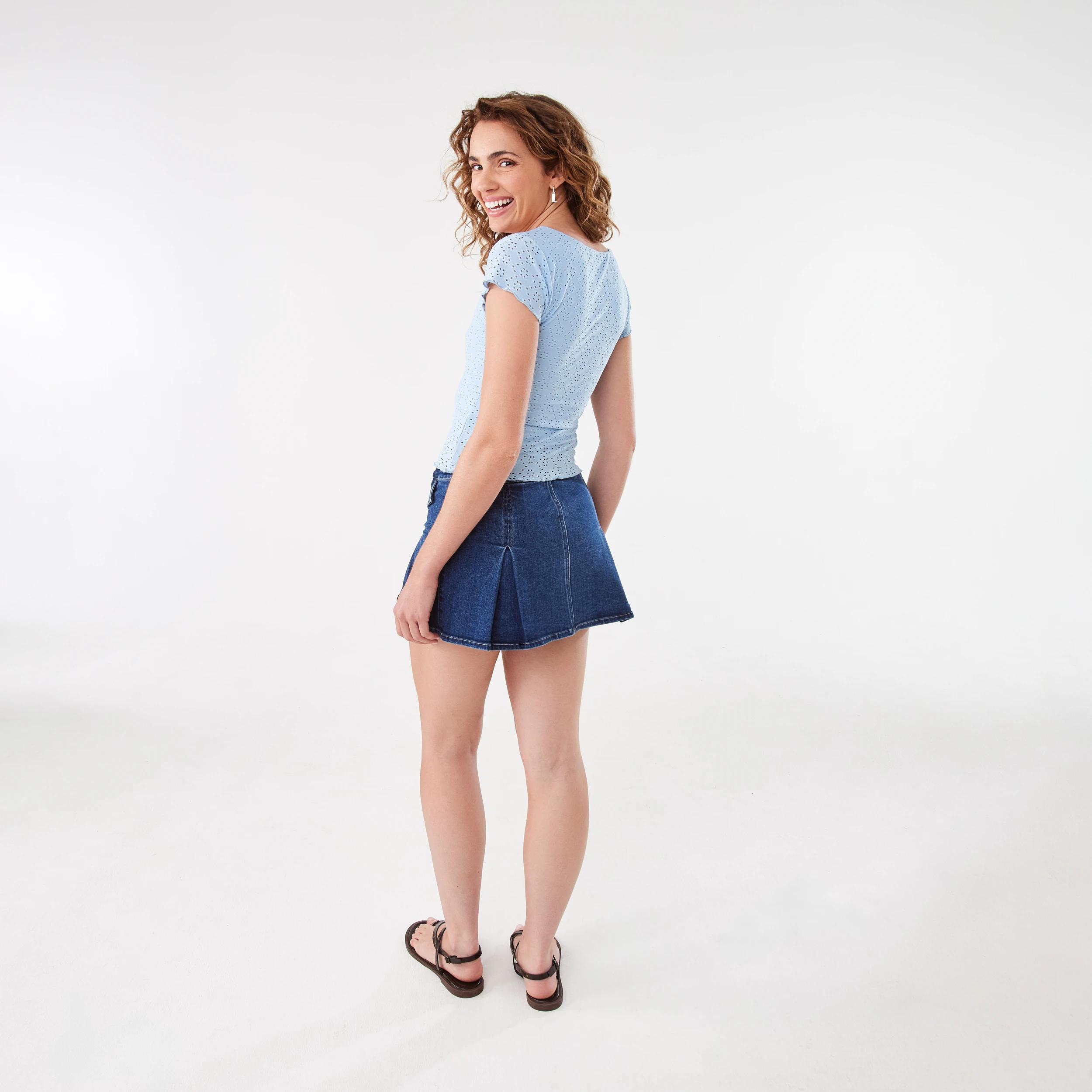 4 Denim Pleated Mini Skirt Mid Wash, 4 of 8