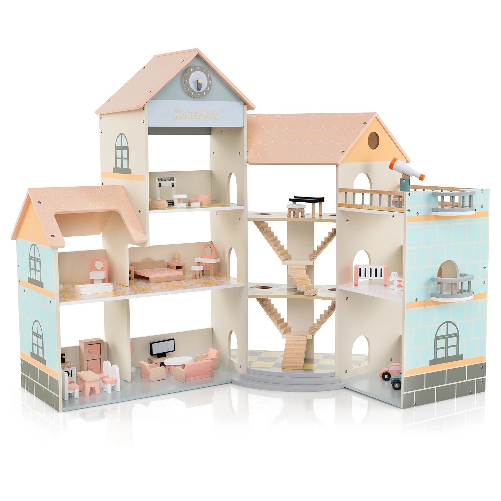 1 Costway Wooden Corner Dollhouse Playset DIY Pretend Dream House - Orange, 1 of 1