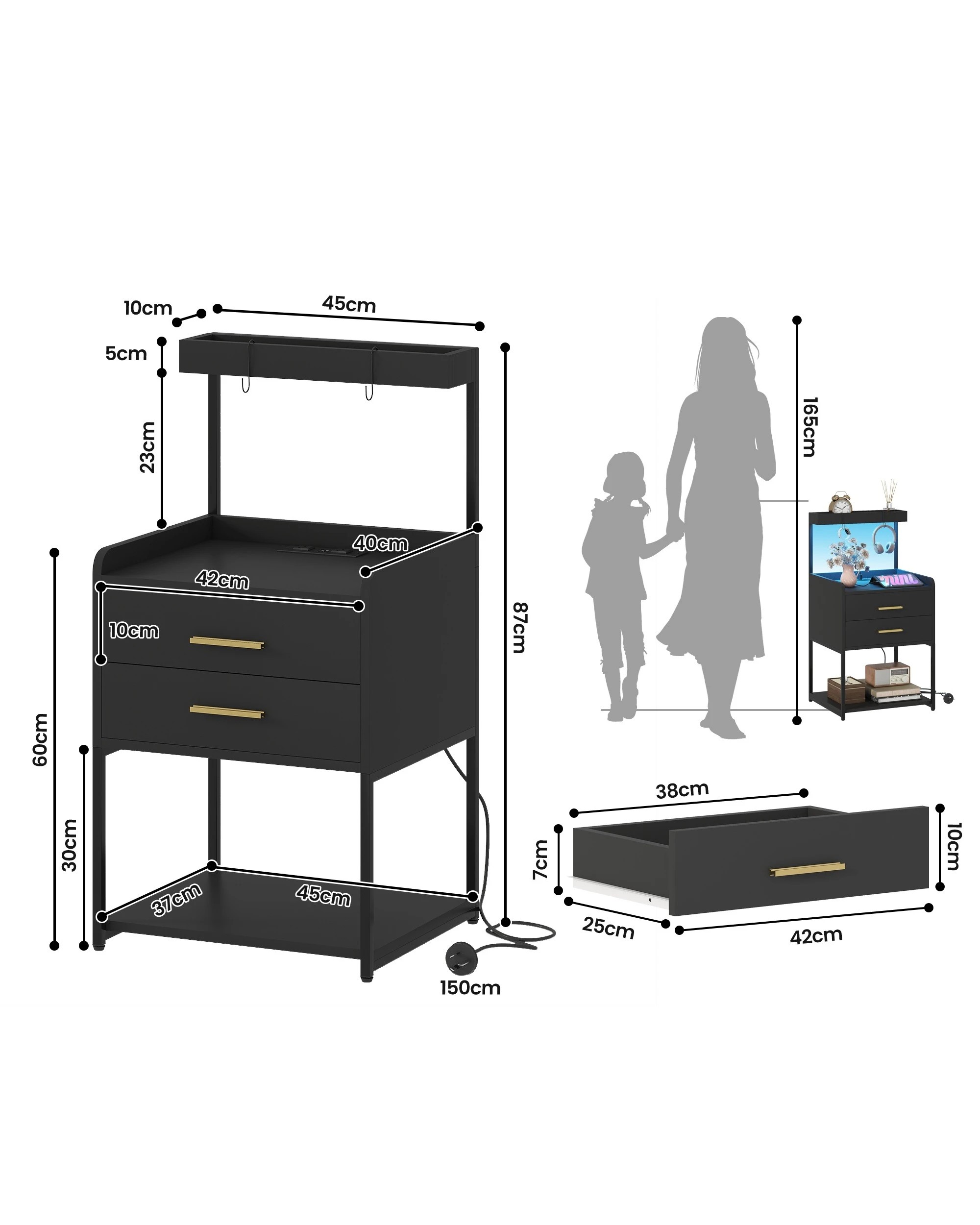 3 Advwin 2 Pcs Bedside Table with Charging Station Led Lights 2 Drawers Open Shelves - Black, 3 of 6
