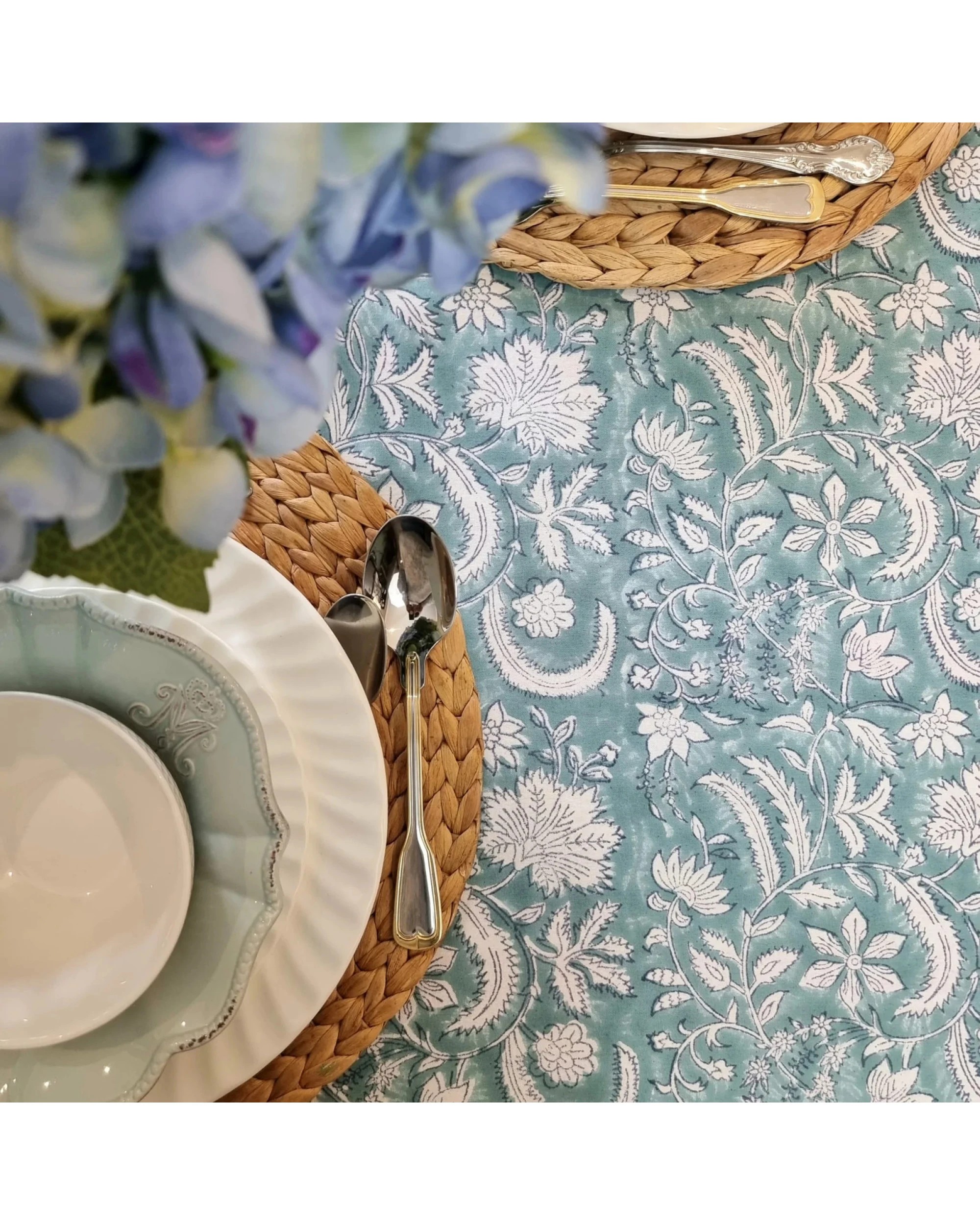 4 Kolka Poppy Hand Block-Printed and Screen-Printed Textiles Tablecloth - Blue, 4 of 5