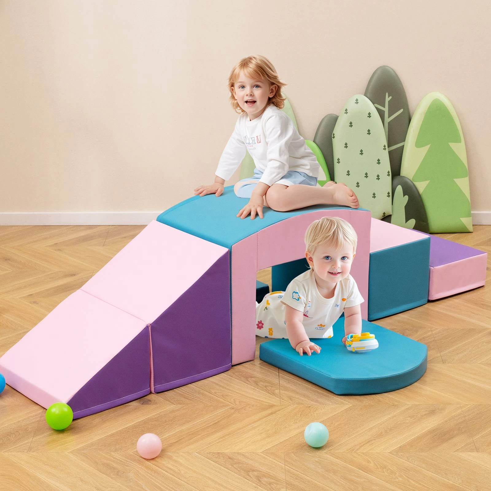 1 Costway 6pcs Fun Foam Blocks w/Tunnel Climb & Crawl Playset - Blue, 1 of 1