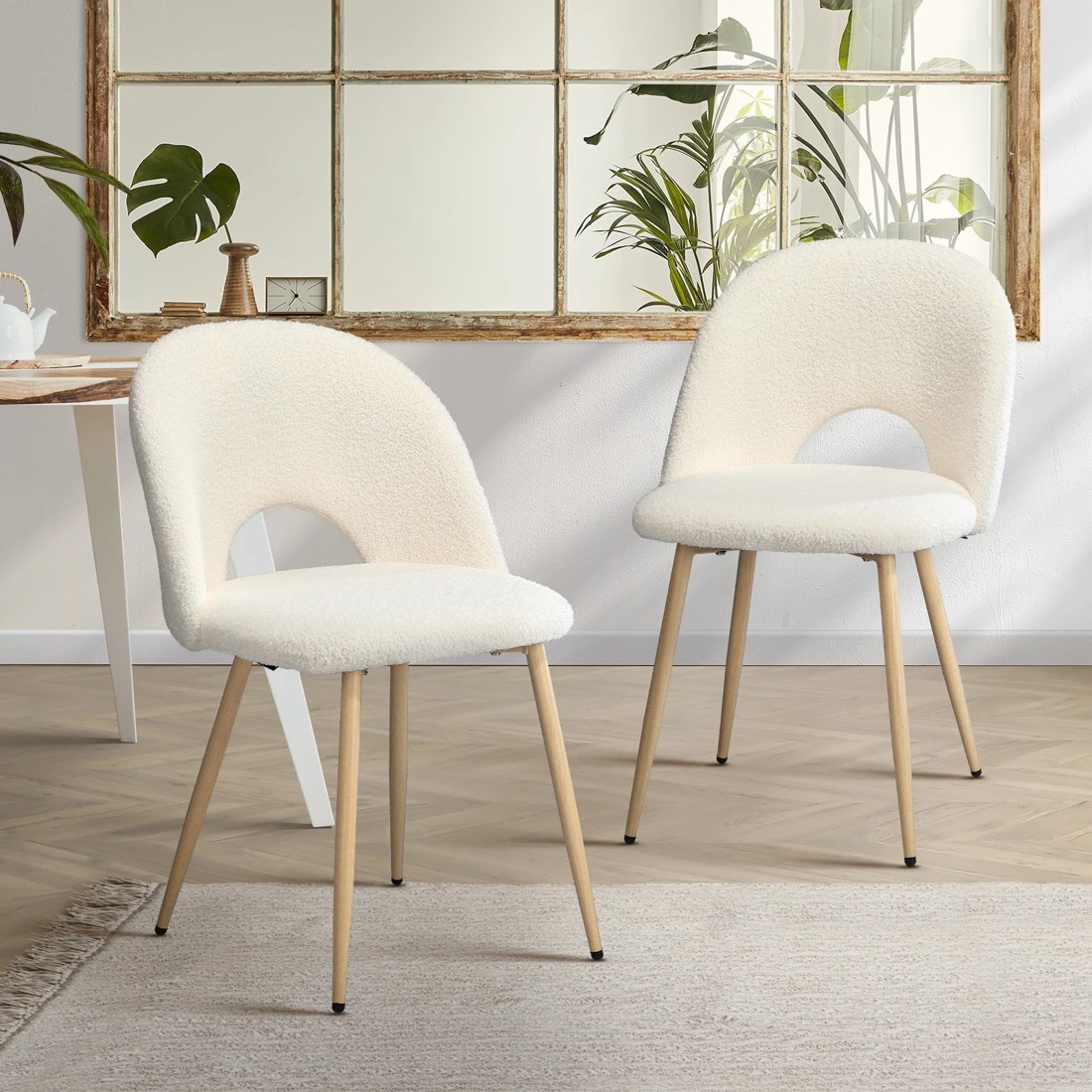2 Oikiture 2PCS Dining Chairs Accent Chair Armchair Sherpa Wooden - White, 2 of 9