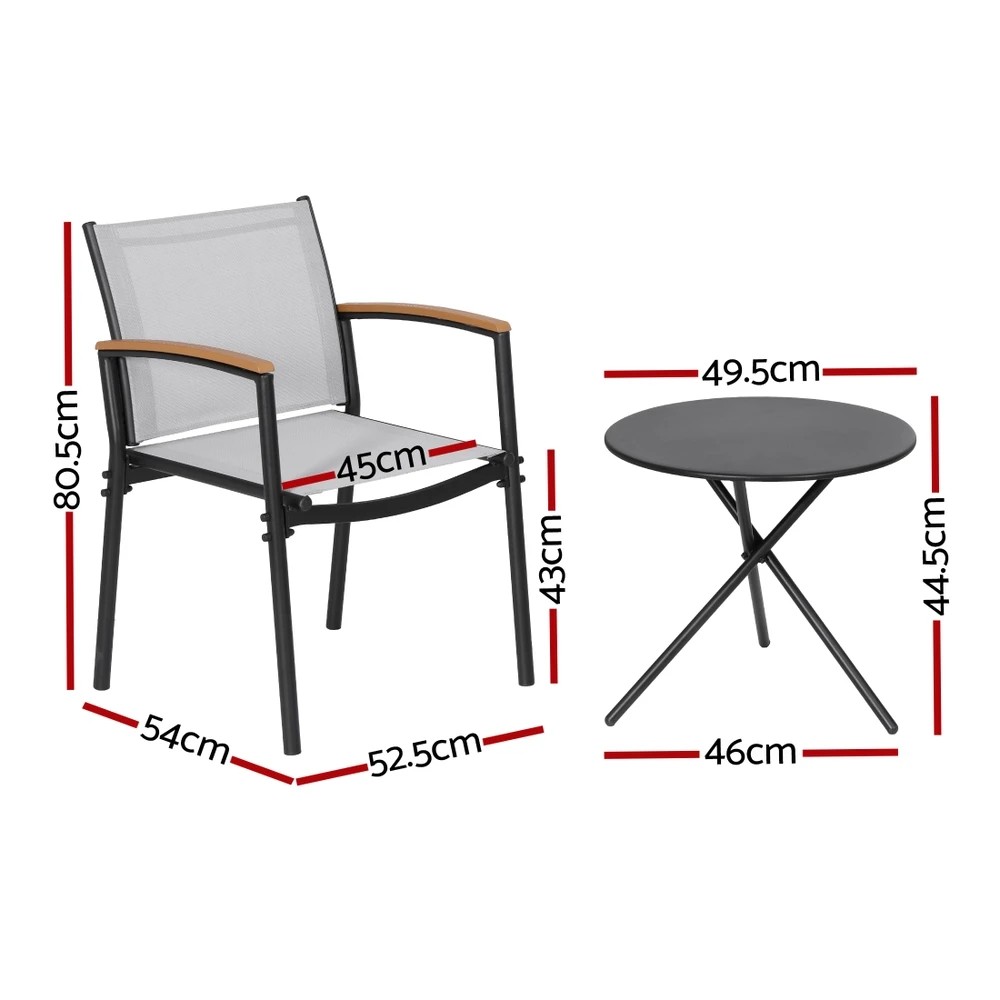 2 Gardeon 3PC Outdoor Bistro Set Table and Chairs Steel Dining Chair Patio - Grey, 2 of 6