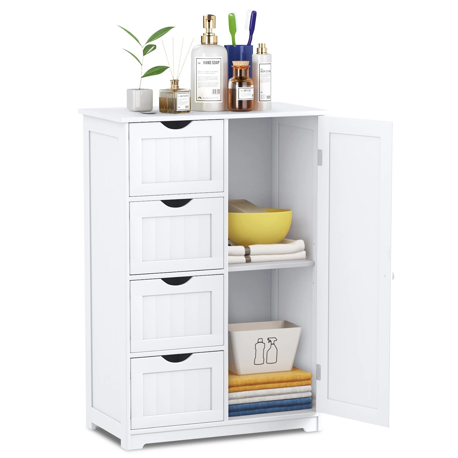 2 Costway Bathroom Cabinet Wooden Storage Cupboard Toilet Organizer w/4 Drawers, 2 of 2