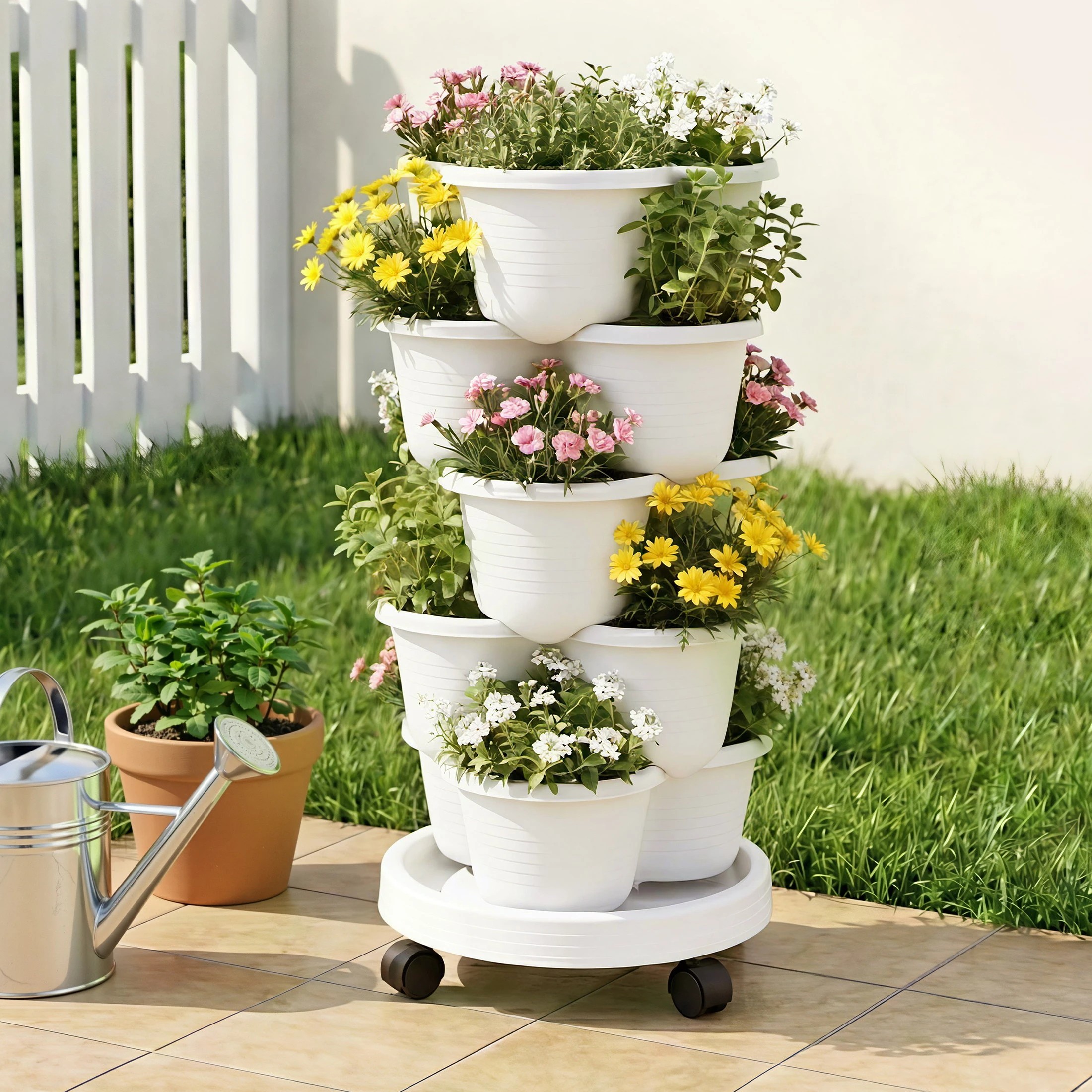 4 Green Fingers 5 Tier Vertical Garden Planter Movable Stackable Strawberry Pots with Wheels - White, 4 of 4