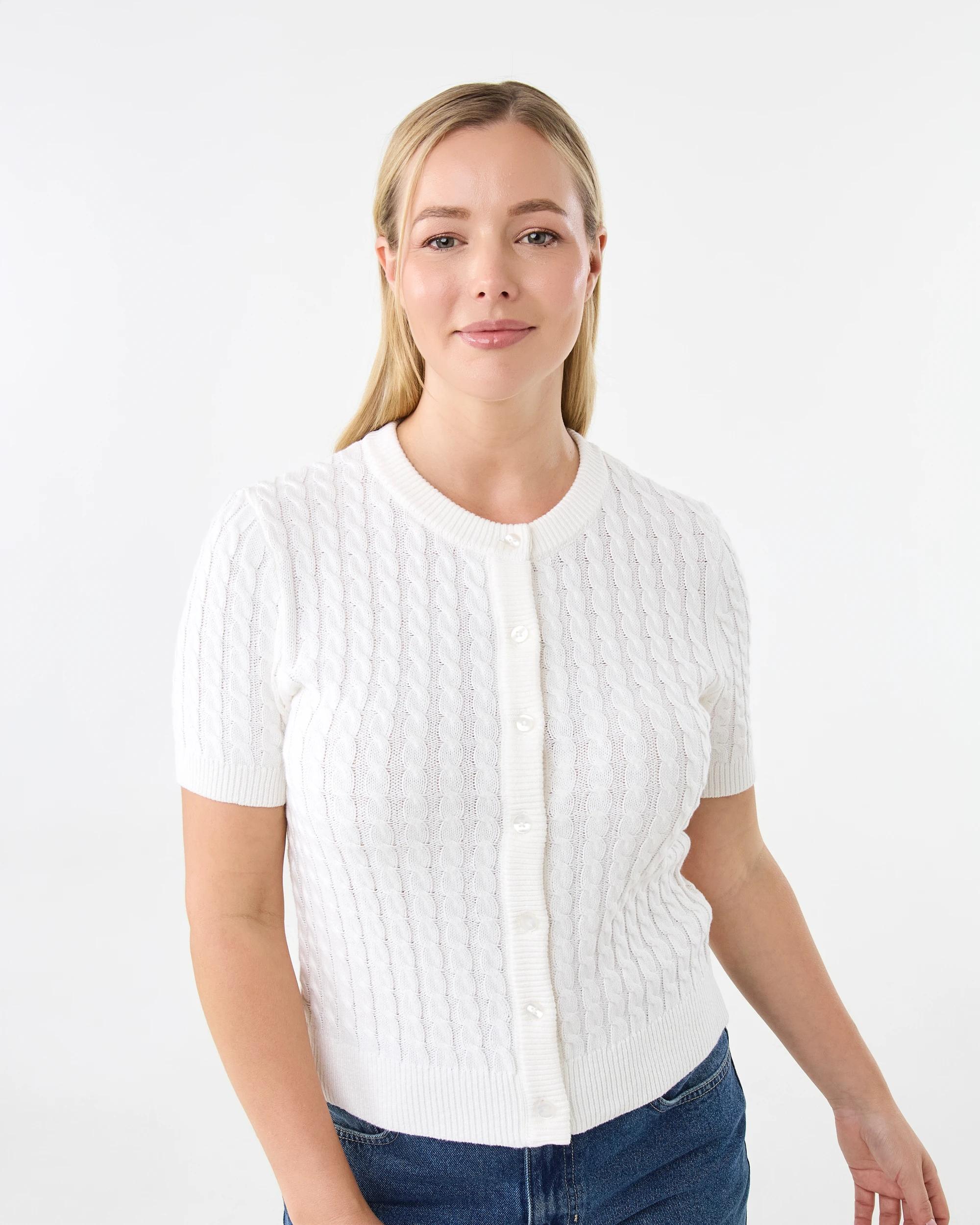 1 Short Sleeve Lightweight Cable Cardigan Cld White, 1 of 7