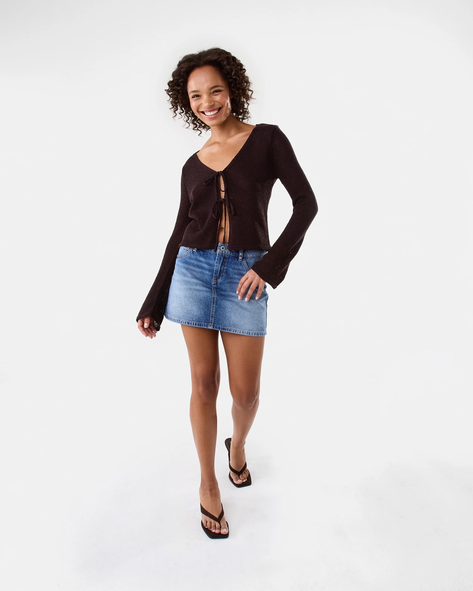 2 Long Sleeve Open Tie Knit Cardigan Choc Plum, 2 of 7