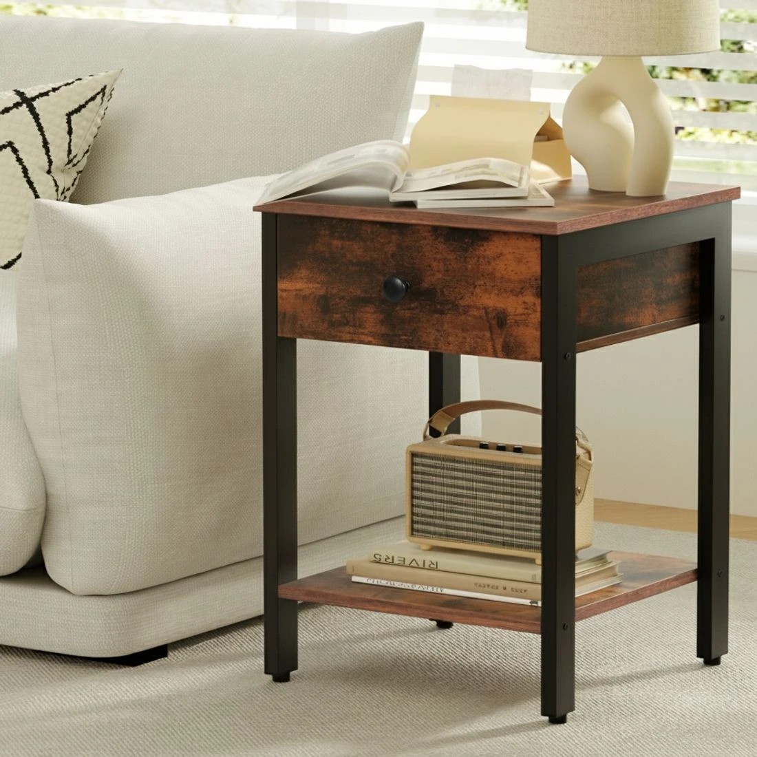 5 Artiss Bedside Table Nightstand 1 Drawer Shelves Walnut - Brown, 5 of 8