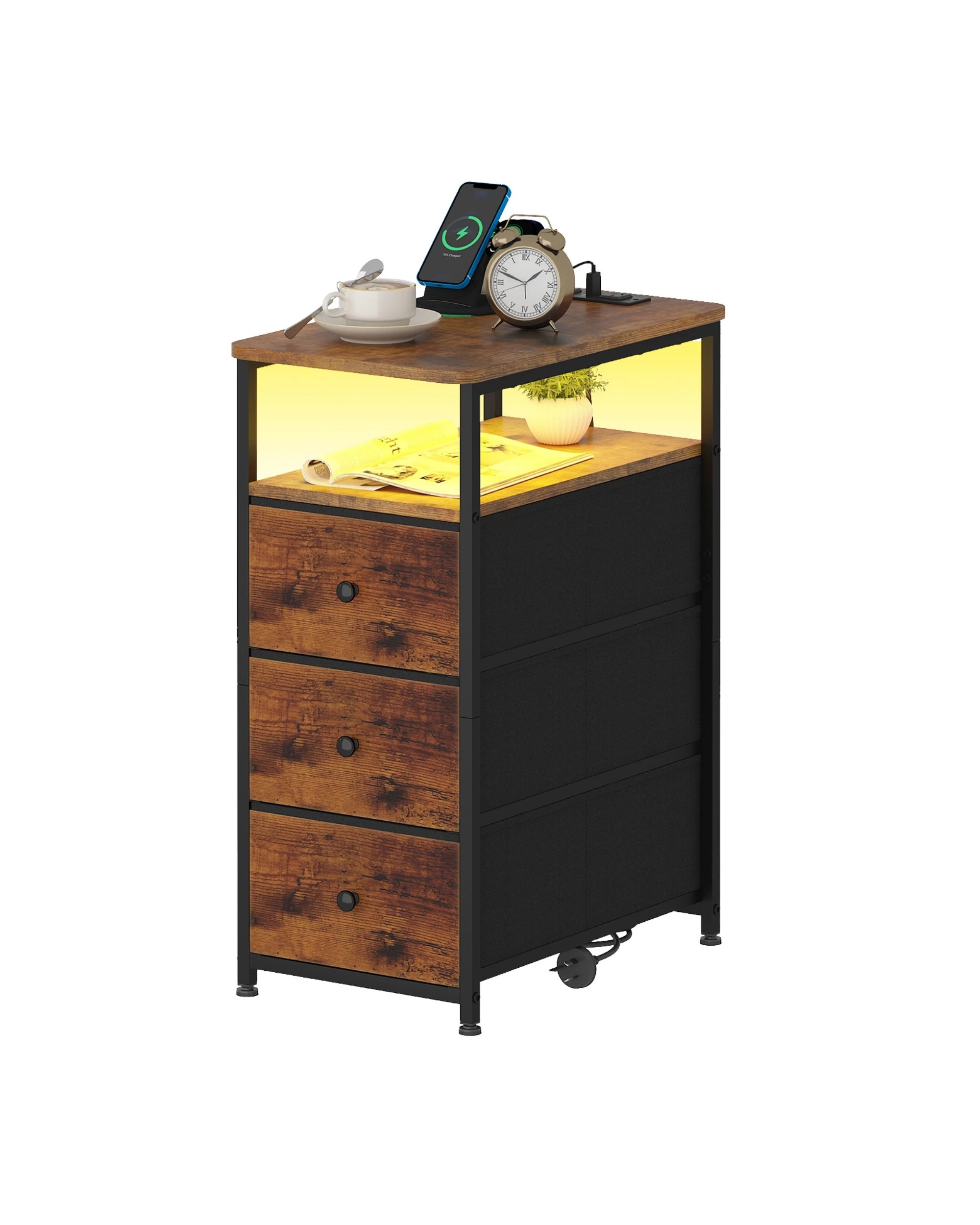 4 Advwin LED End Table Sofa Side Table with Charging Station and Drawers Narrow Bedside Table, 4 of 8