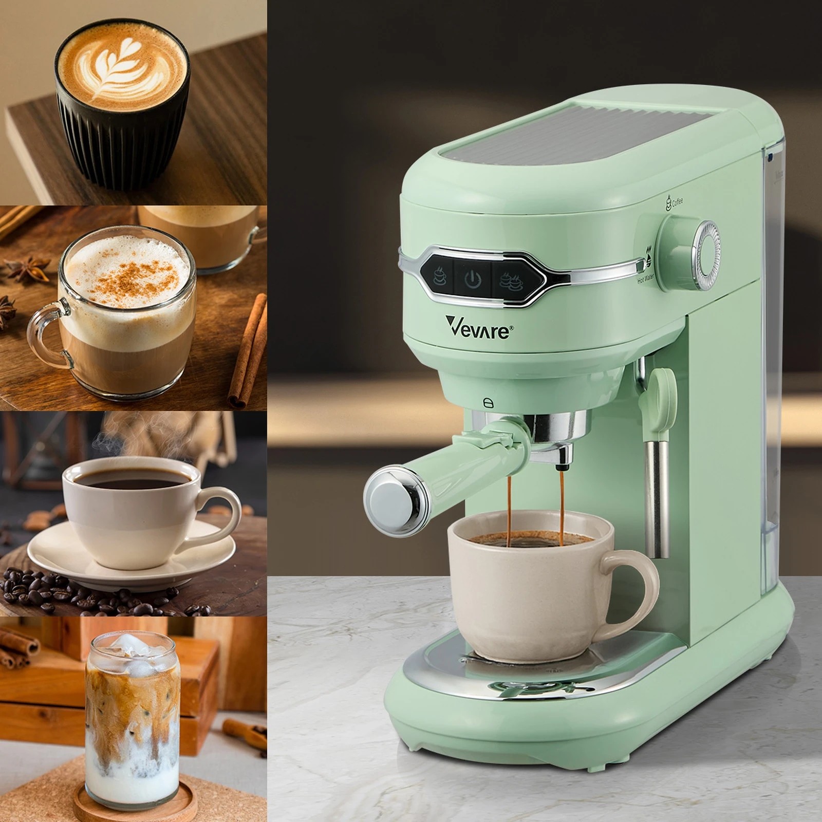 4 Vevare Espresso Coffee Machine Latter Cappuccino Maker 19 Bar Milk Frother - Green, 4 of 8