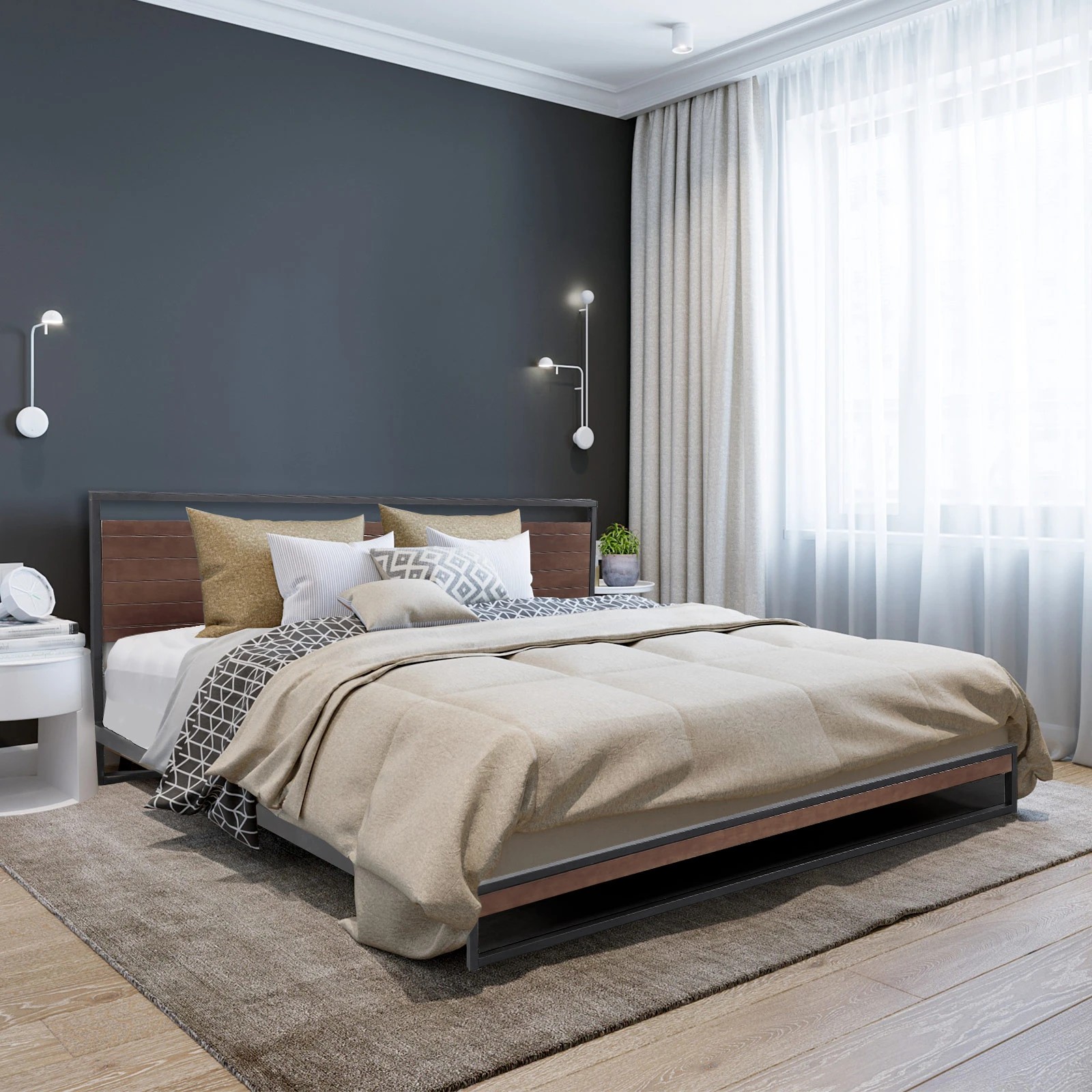 8 Milano Décor Azure Bed Frame With Headboard Wood Steel Platform Bed - Black, 8 of 9