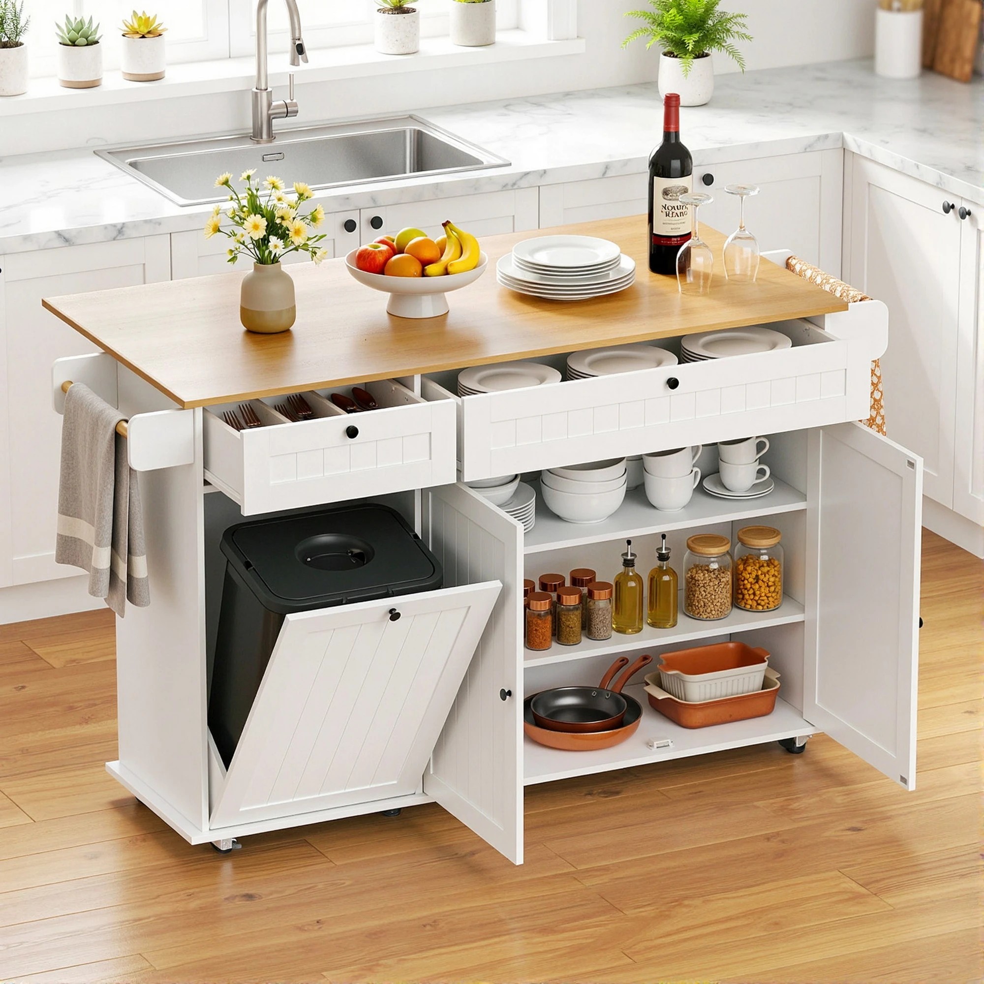 8 Artiss Kitchen Island Trolley Rolling Serving Cart Storage Drawer Cabinet 150cm - White, 8 of 9