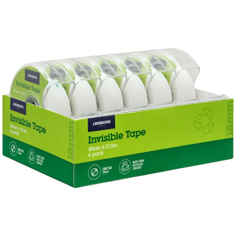 1 J.Burrows Recycled Invisible Tape & Dispenser 18mmx21.5m 6PK, 1 of 3