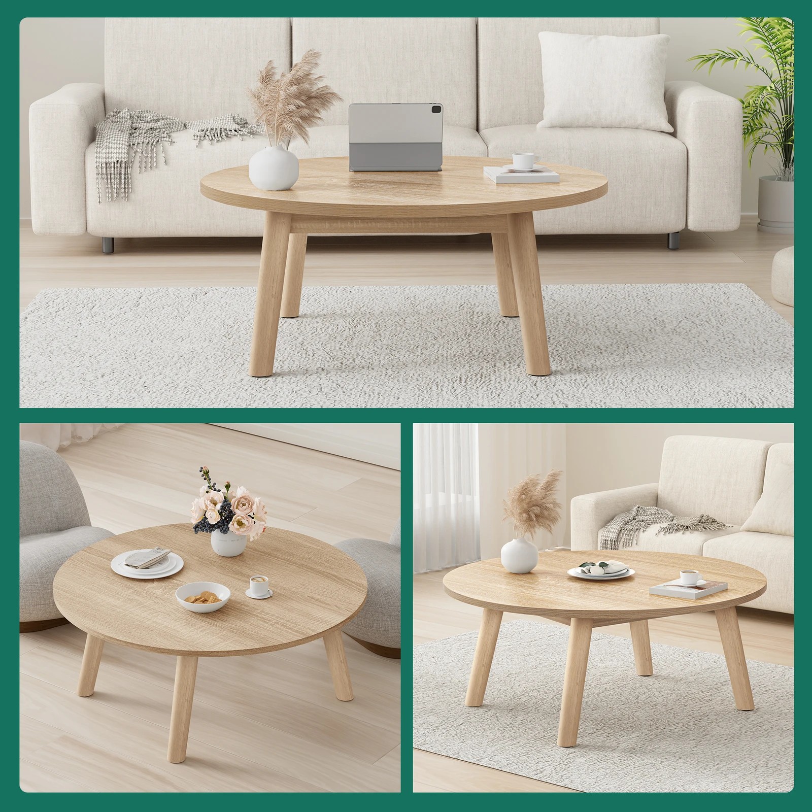 6 Alfordson Coffee Table Modern Round Table Sturdy Wooden Legs Living Room - Oak, 6 of 10
