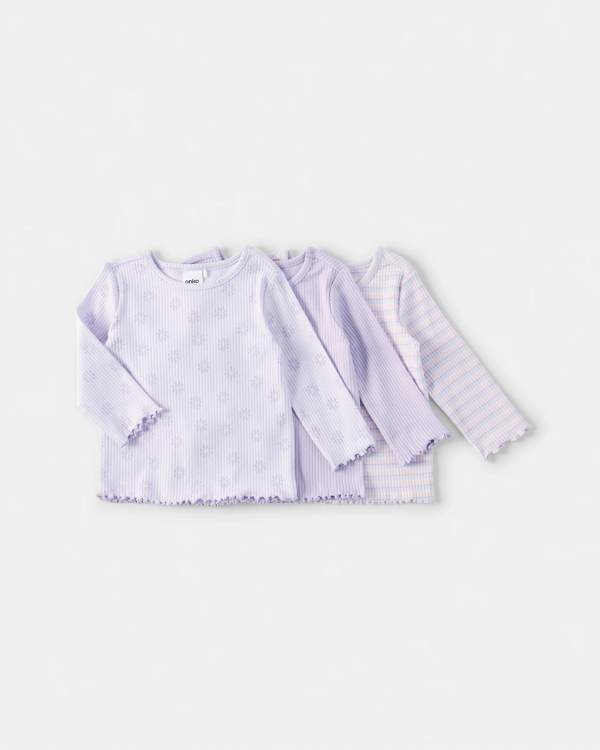 1 3 Pack Cotton Long Sleeve Ribbed T-shirt Lilc Flrl, 1 of 8