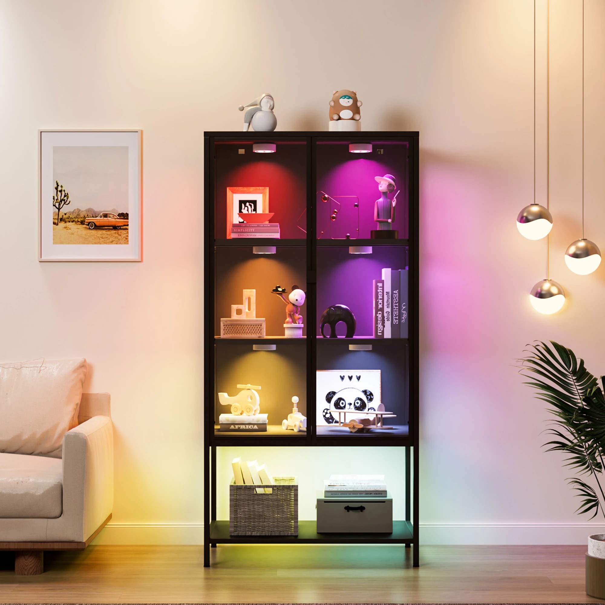 7 Stacked Tempered Glass Display Cabinet Clear Bookcase Steel Frame With RGB Light, 7 of 9