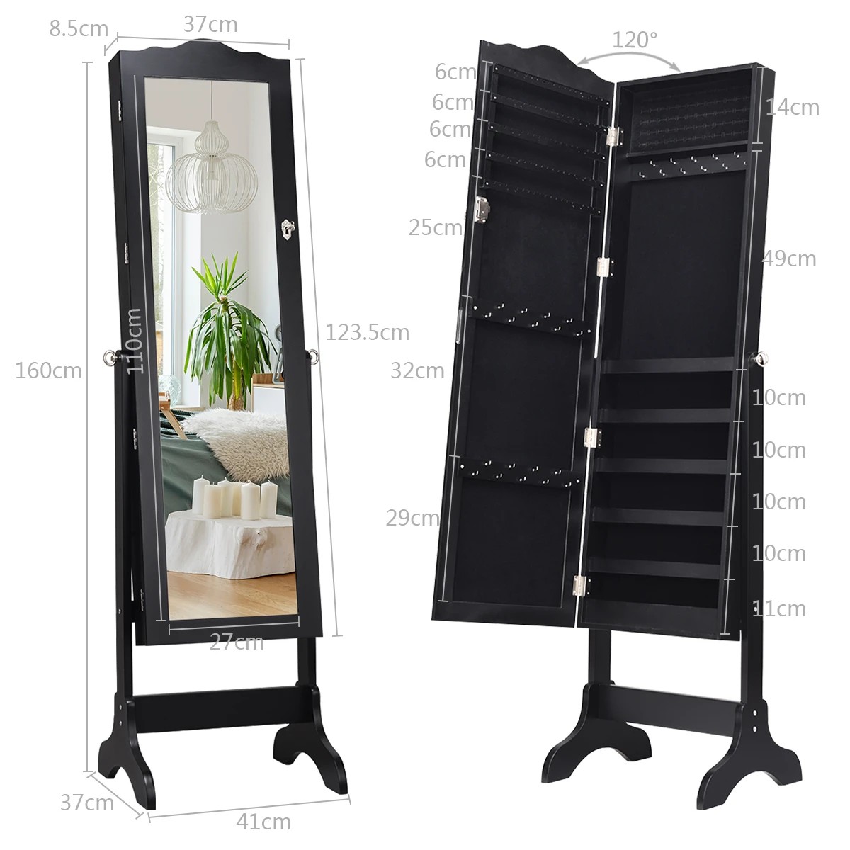 2 Costway Mirror Jewellery Cabinet Wooden Jewelry Organiser Box Makeup Cosmetics Storage - Black, 2 of 4