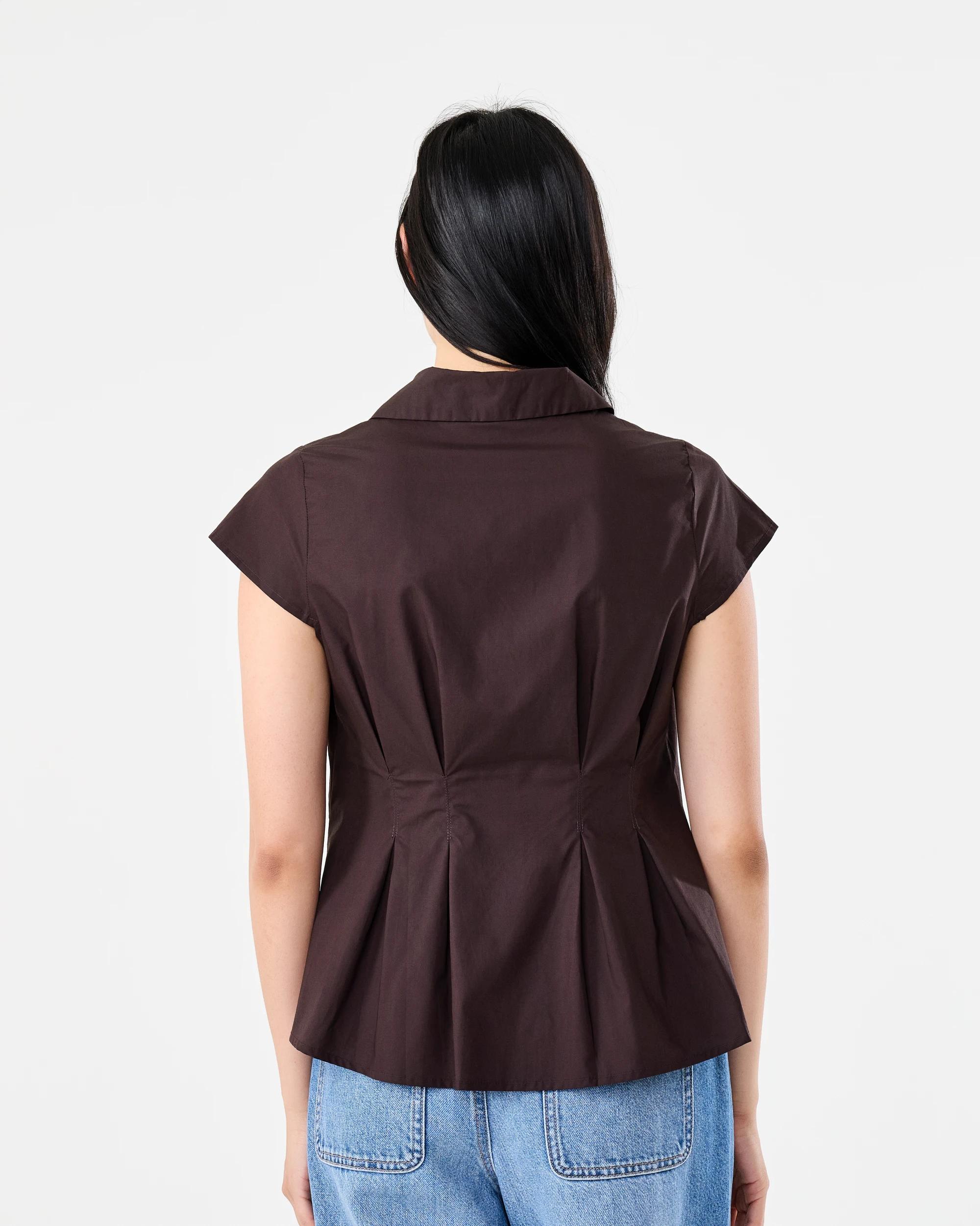 4 Short Sleeve Pleat Detail Shirt Choc Plum, 4 of 7