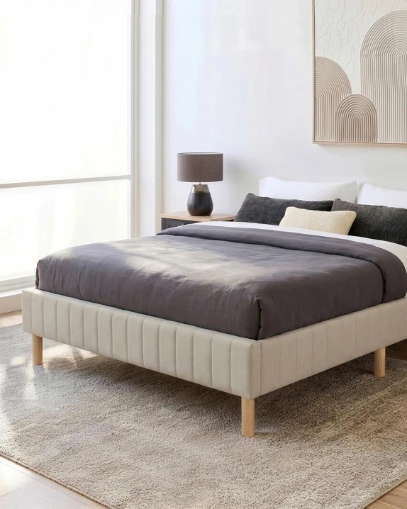 1 Queen Bed Upholstered Quick Snap Bed Frame Base - Beige, 1 of 10